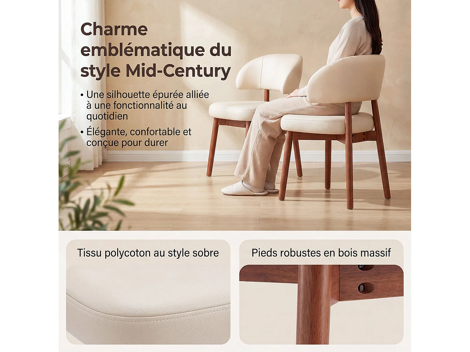 Set van 2 eetkamerstoelen van kunstleer, extra brede gebogen en omhullende rugleuning, houten frame met verstelbare voetdoppen, beige