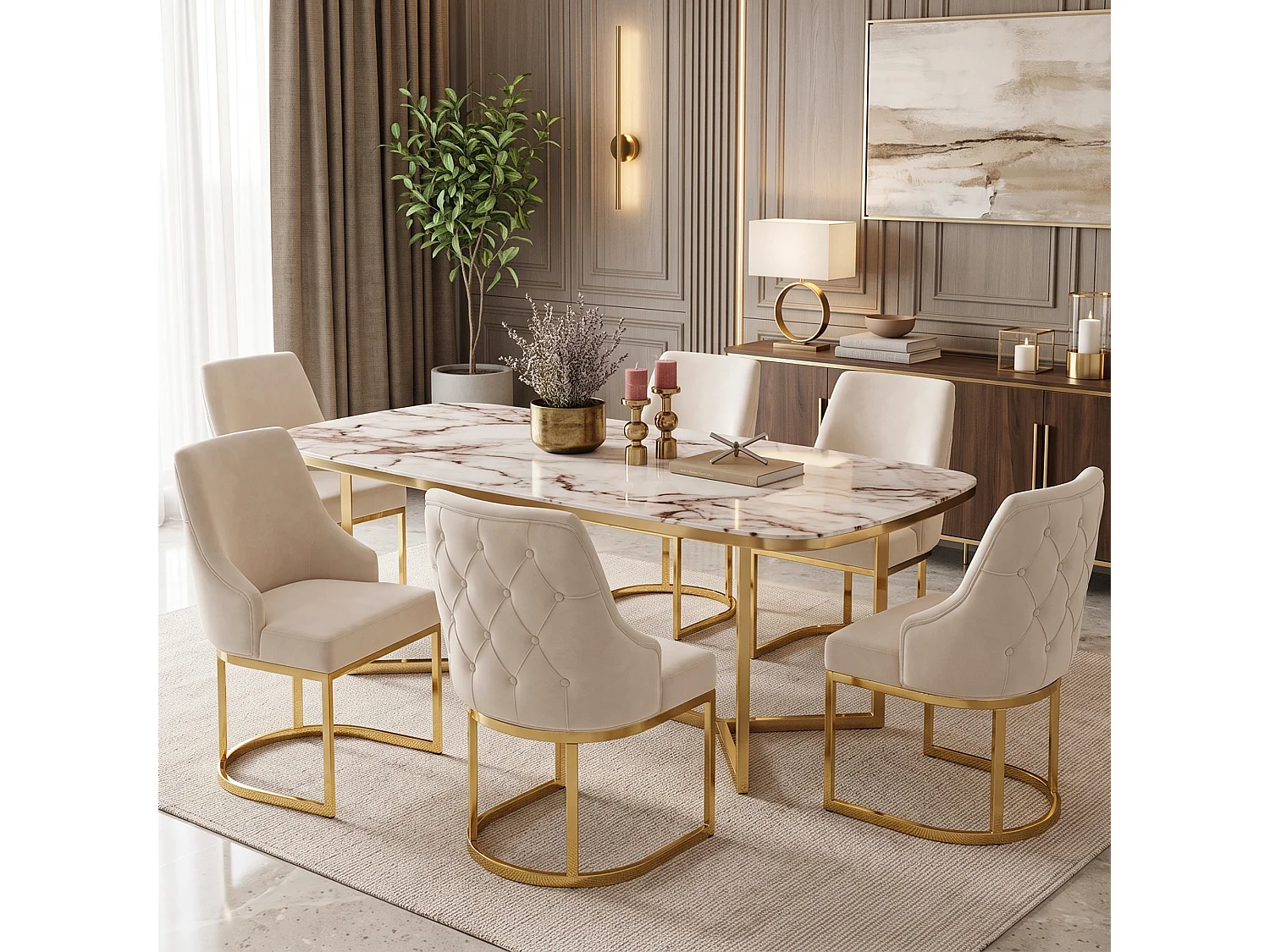 Lot de 4 chaises de salle à manger sans accoudoirs avec dossier capitonné - Velours et métal - 59 x 55 x 89 cm - Beige + or