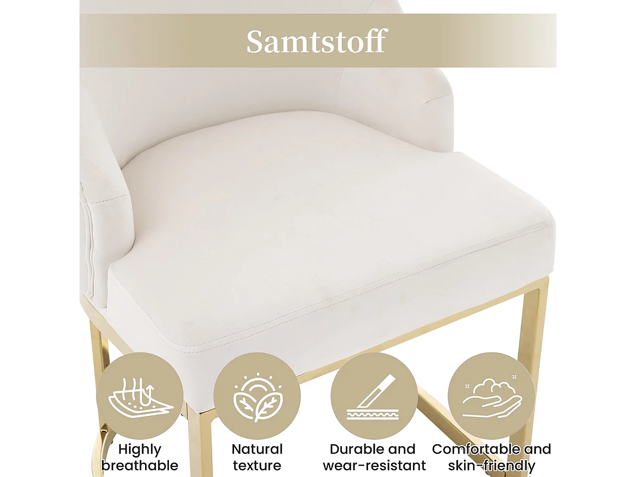 Lot de 4 chaises de salle à manger sans accoudoirs avec dossier capitonné - Velours et métal - 59 x 55 x 89 cm - Beige + or