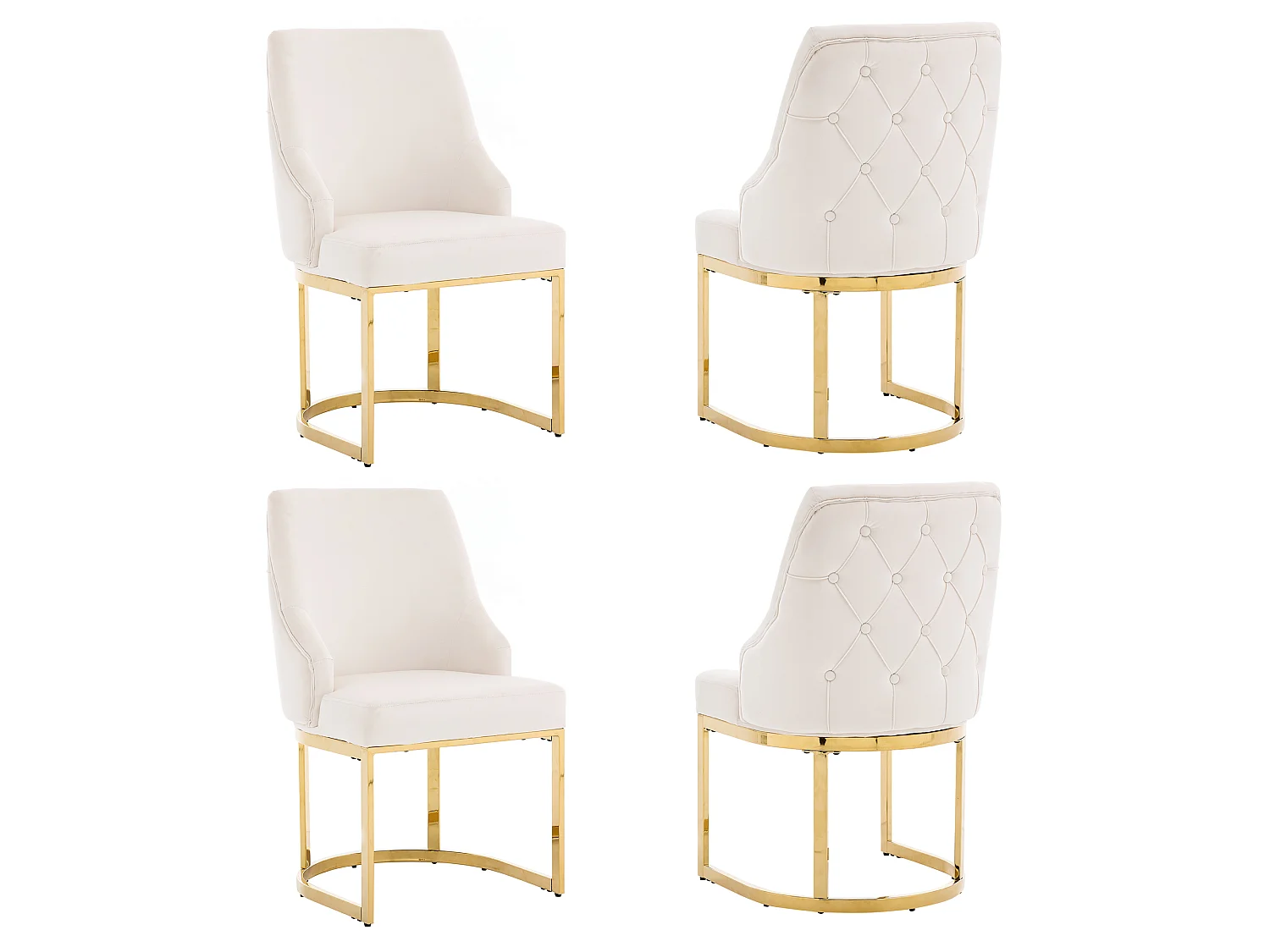 Lot de 4 chaises de salle à manger sans accoudoirs avec dossier capitonné - Velours et métal - 59 x 55 x 89 cm - Beige + or