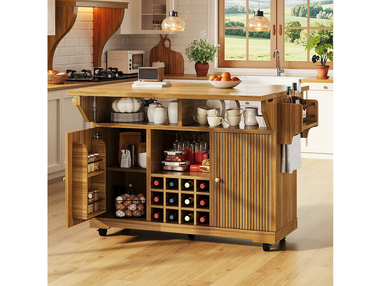 Îlot central de cuisine pliable et mobile avec 2 portes, porte-bouteilles et étagères réglables - MDF - 142,5 x 40-80 x 95 cm - Naturel foncé