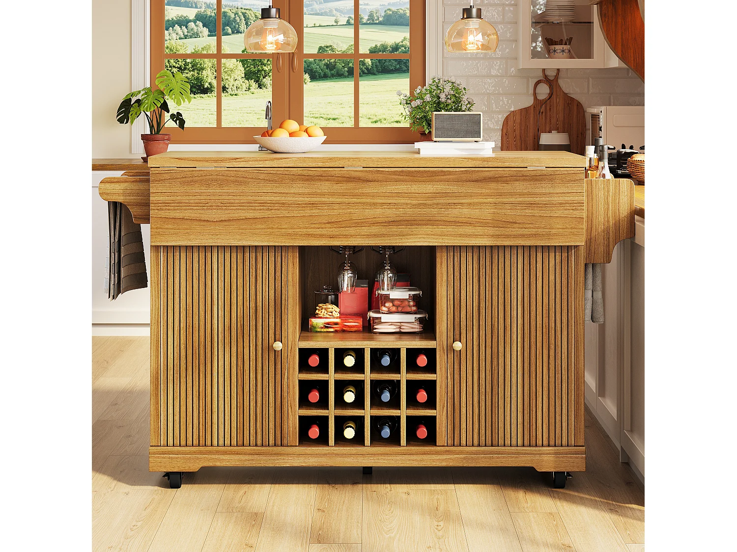Îlot central de cuisine pliable et mobile avec 2 portes, porte-bouteilles et étagères réglables - MDF - 142,5 x 40-80 x 95 cm - Naturel foncé