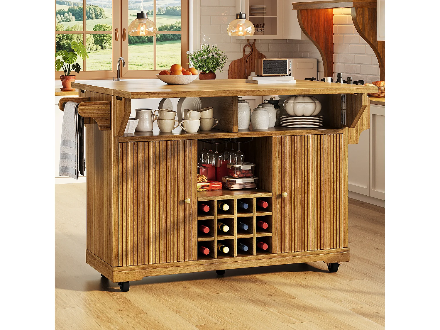Îlot central de cuisine pliable et mobile avec 2 portes, porte-bouteilles et étagères réglables - MDF - 142,5 x 40-80 x 95 cm - Naturel foncé