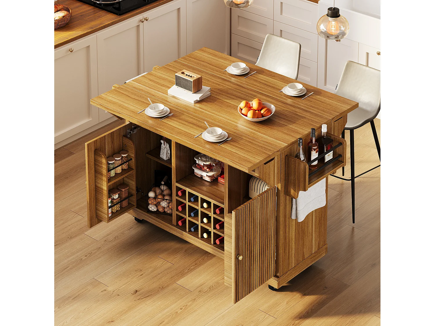Îlot central de cuisine pliable et mobile avec 2 portes, porte-bouteilles et étagères réglables - MDF - 142,5 x 40-80 x 95 cm - Naturel foncé