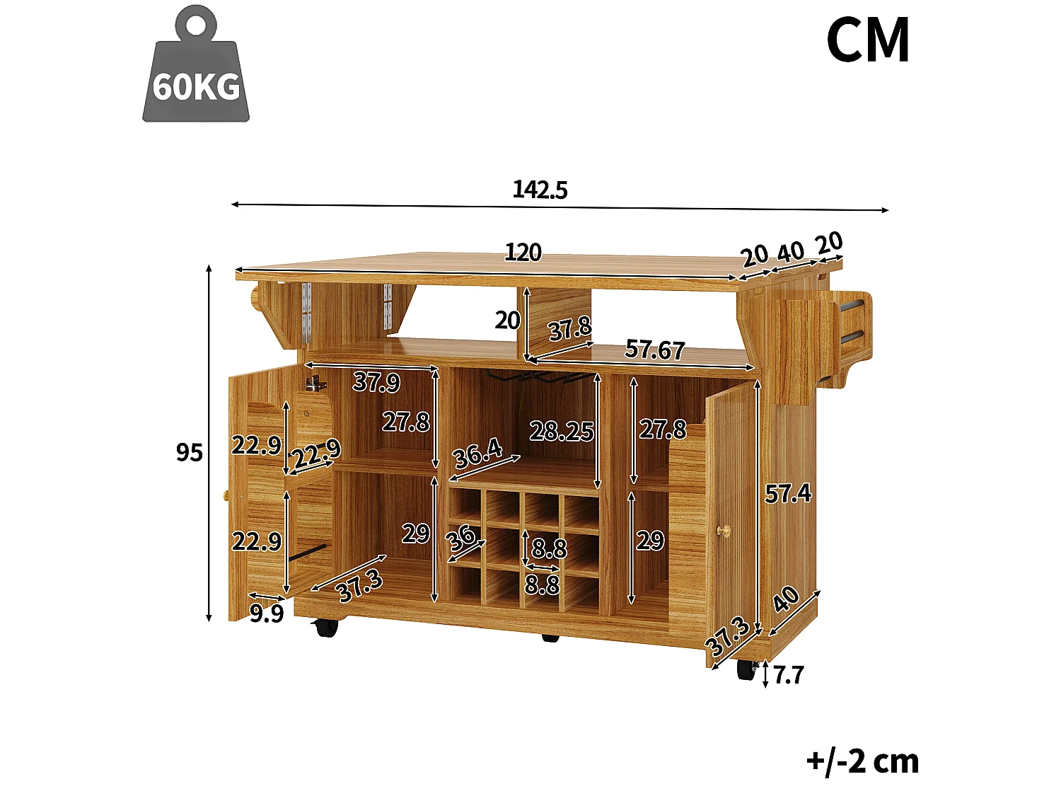 Îlot central de cuisine pliable et mobile avec 2 portes, porte-bouteilles et étagères réglables - MDF - 142,5 x 40-80 x 95 cm - Naturel foncé