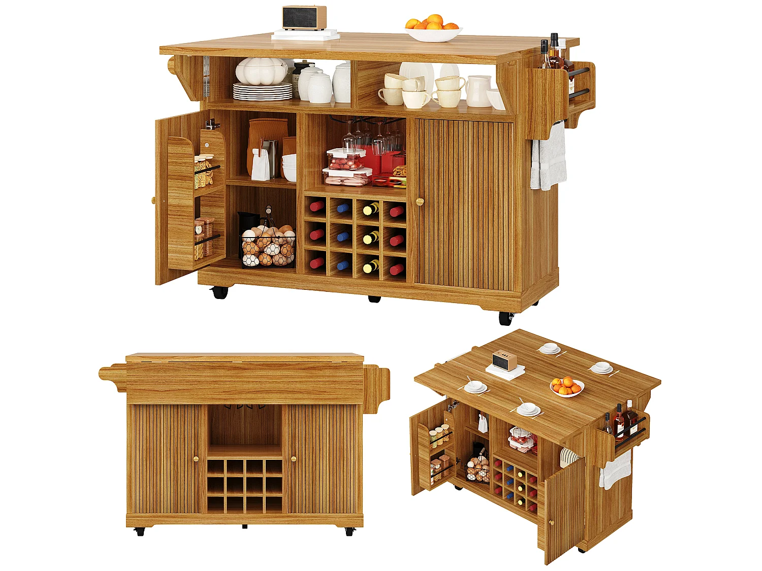 Îlot central de cuisine pliable et mobile avec 2 portes, porte-bouteilles et étagères réglables - MDF - 142,5 x 40-80 x 95 cm - Naturel foncé