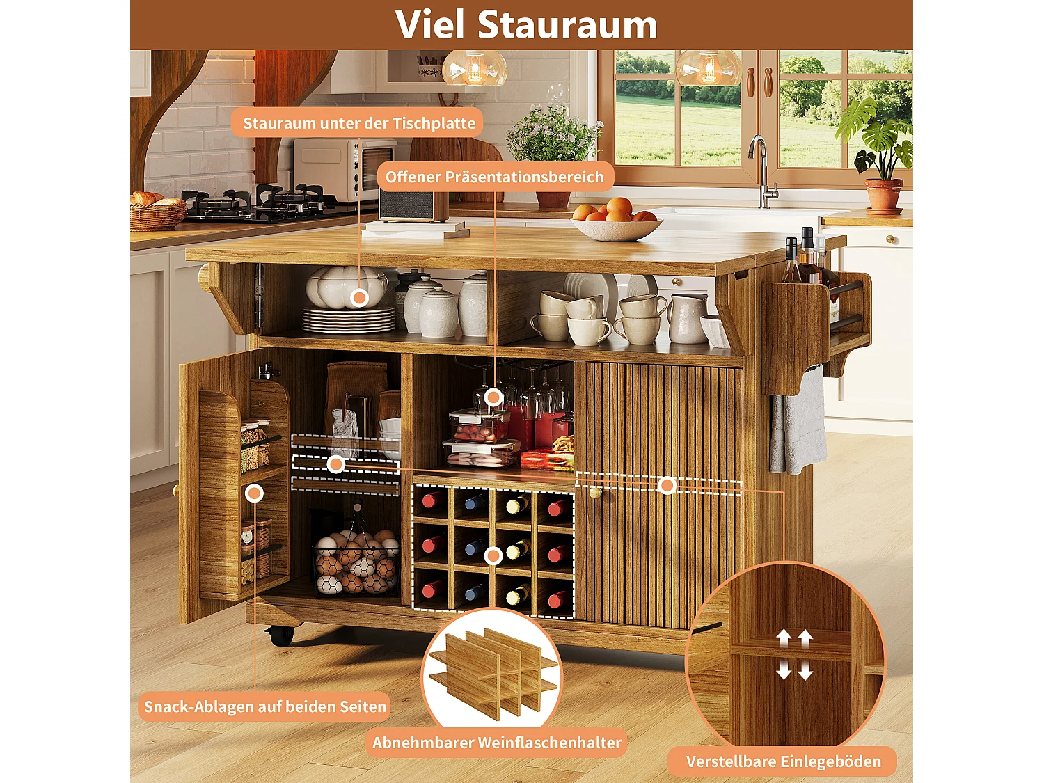 Îlot central de cuisine pliable et mobile avec 2 portes, porte-bouteilles et étagères réglables - MDF - 142,5 x 40-80 x 95 cm - Naturel foncé