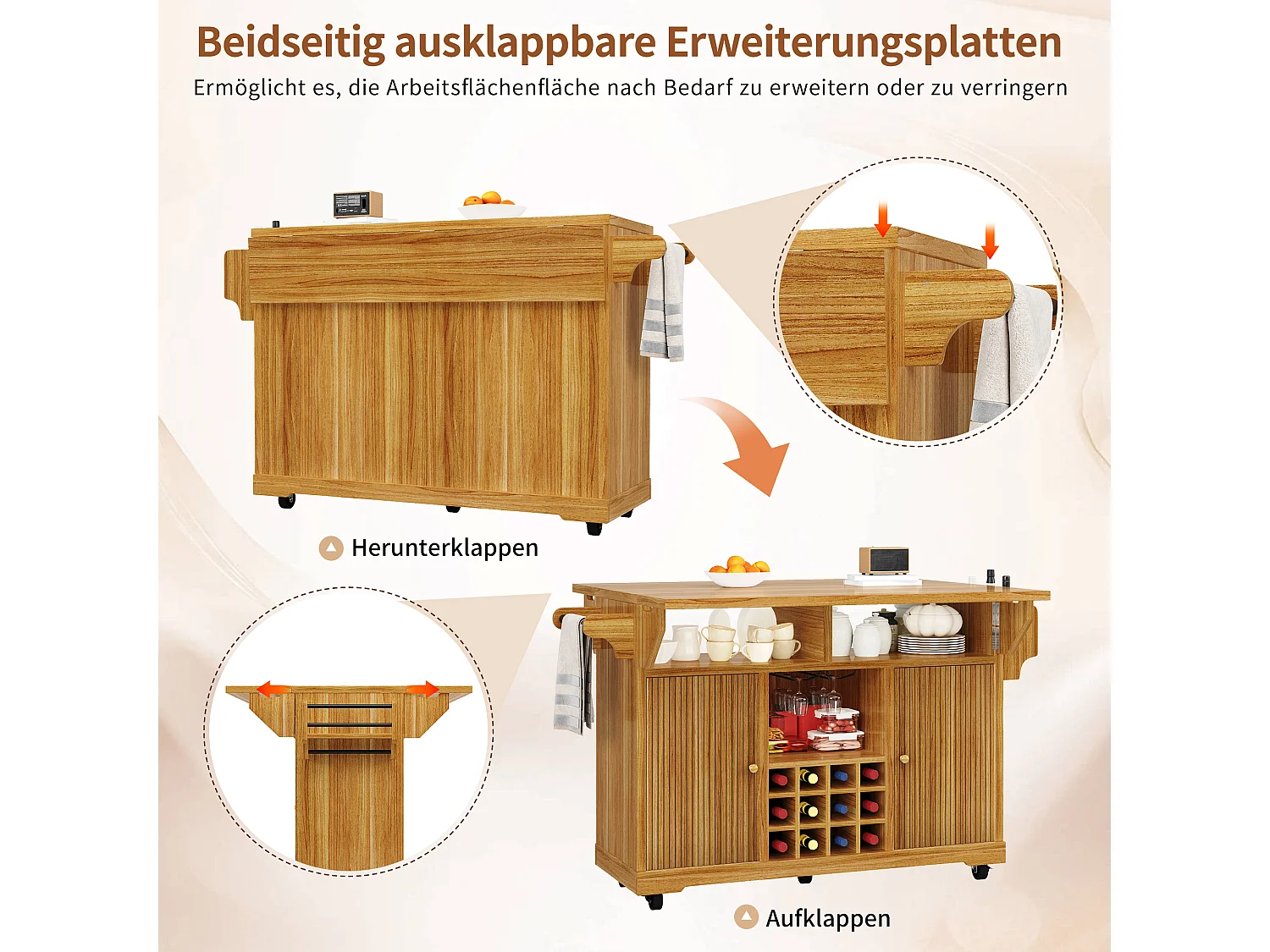 Îlot central de cuisine pliable et mobile avec 2 portes, porte-bouteilles et étagères réglables - MDF - 142,5 x 40-80 x 95 cm - Naturel foncé