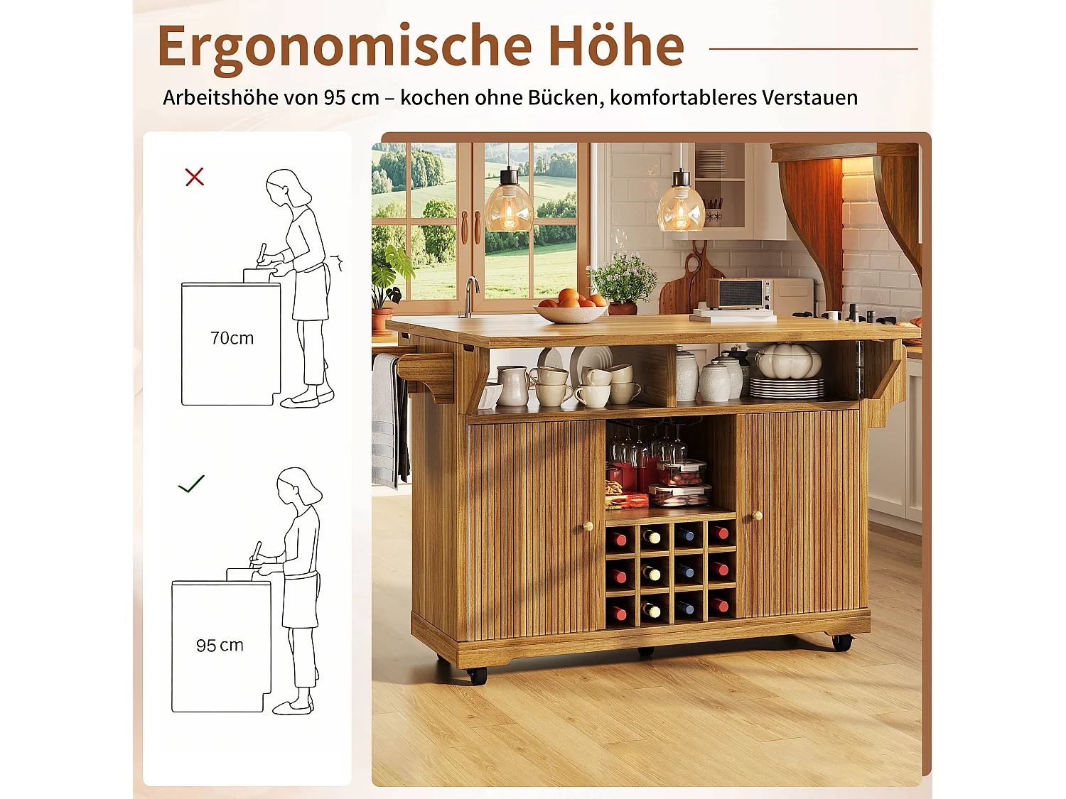 Îlot central de cuisine pliable et mobile avec 2 portes, porte-bouteilles et étagères réglables - MDF - 142,5 x 40-80 x 95 cm - Naturel foncé