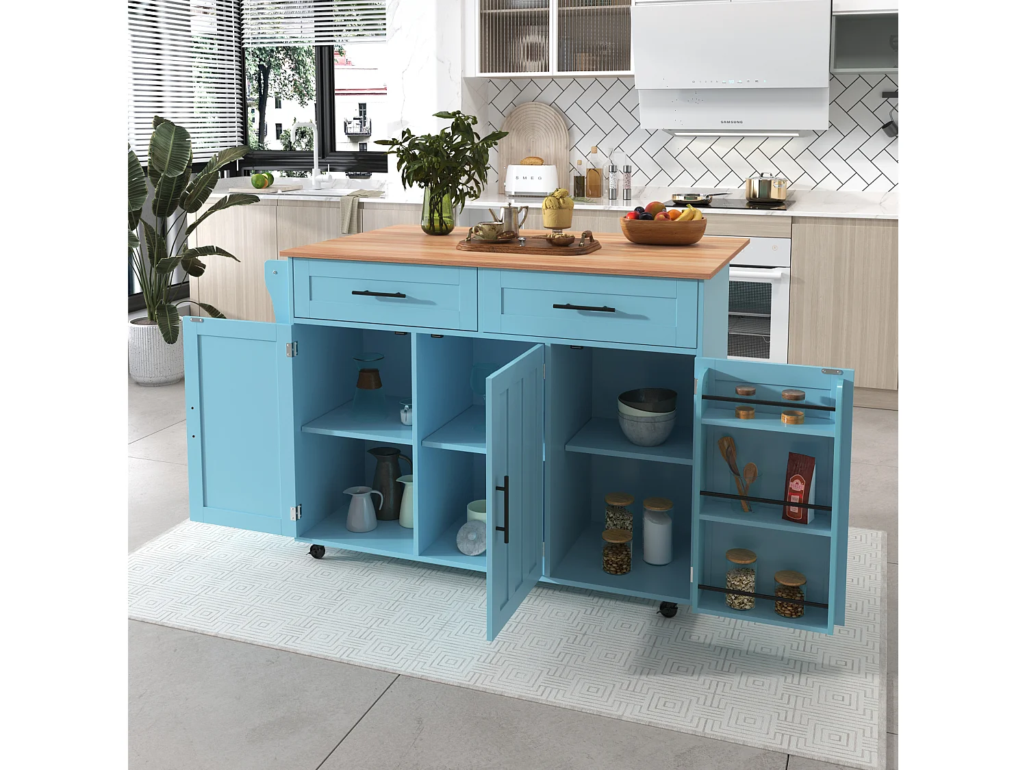 Mobile Kücheninsel mit 3 Türen und 2 Schubladen – 129 x 46/71 x 91,5 cm – MDF – Ausziehbare Arbeitsplatte – Blau