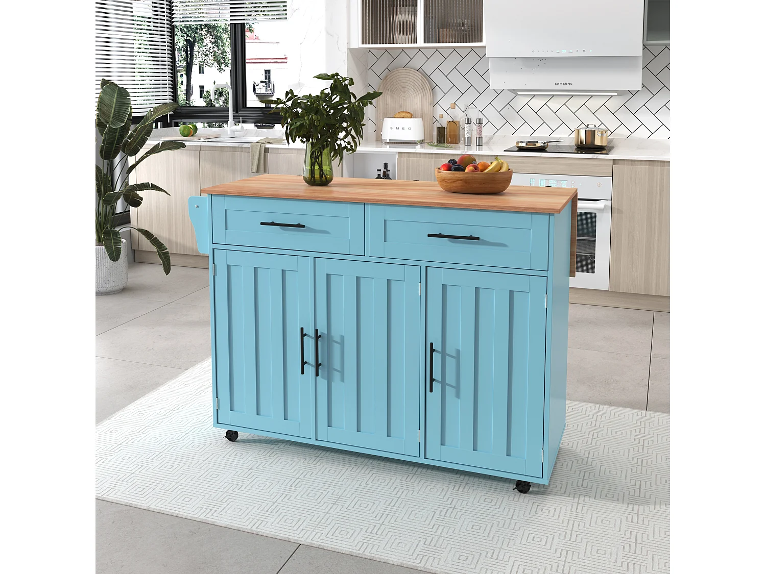 Mobile Kücheninsel mit 3 Türen und 2 Schubladen – 129 x 46/71 x 91,5 cm – MDF – Ausziehbare Arbeitsplatte – Blau