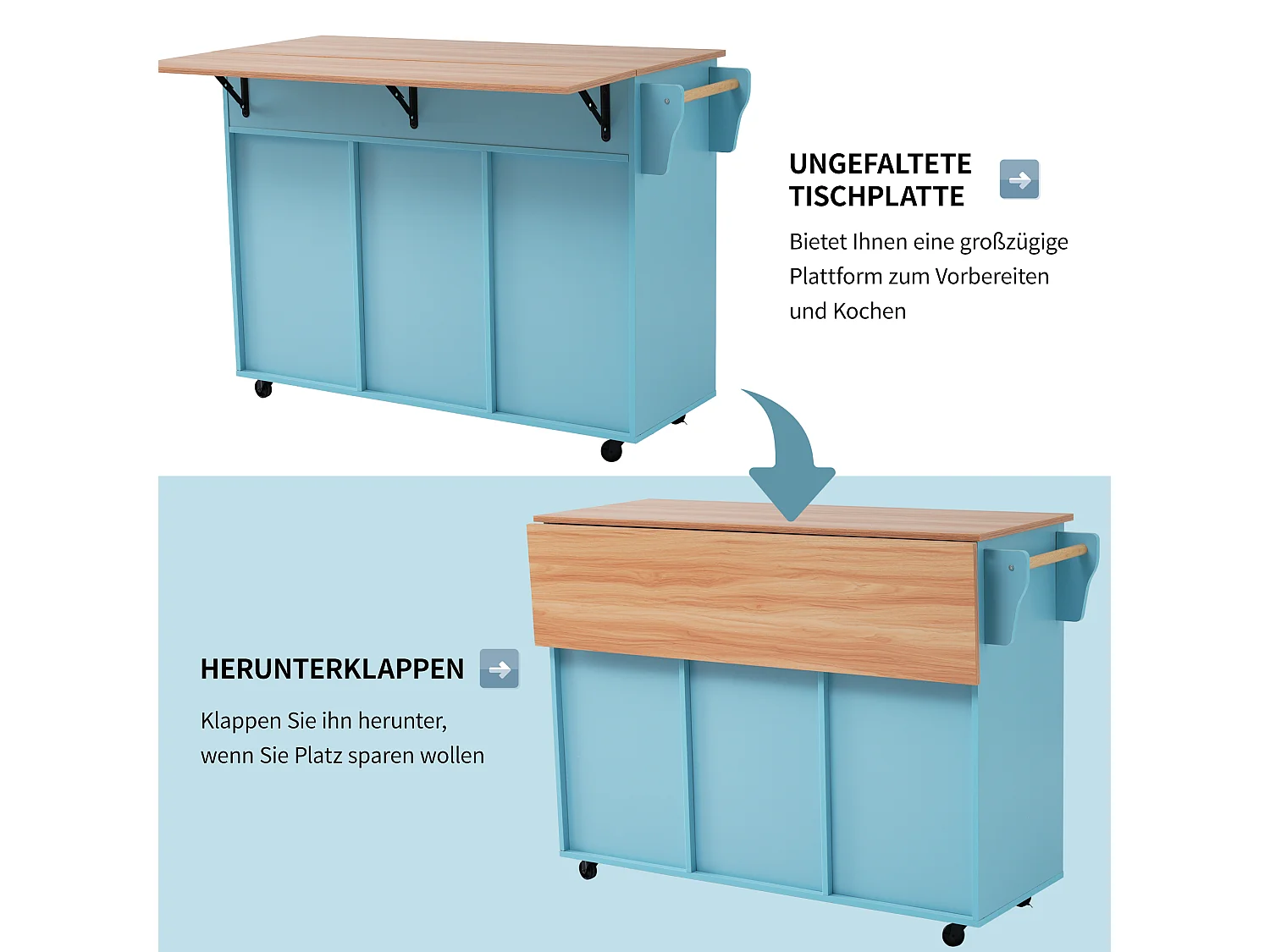 Mobile Kücheninsel mit 3 Türen und 2 Schubladen – 129 x 46/71 x 91,5 cm – MDF – Ausziehbare Arbeitsplatte – Blau