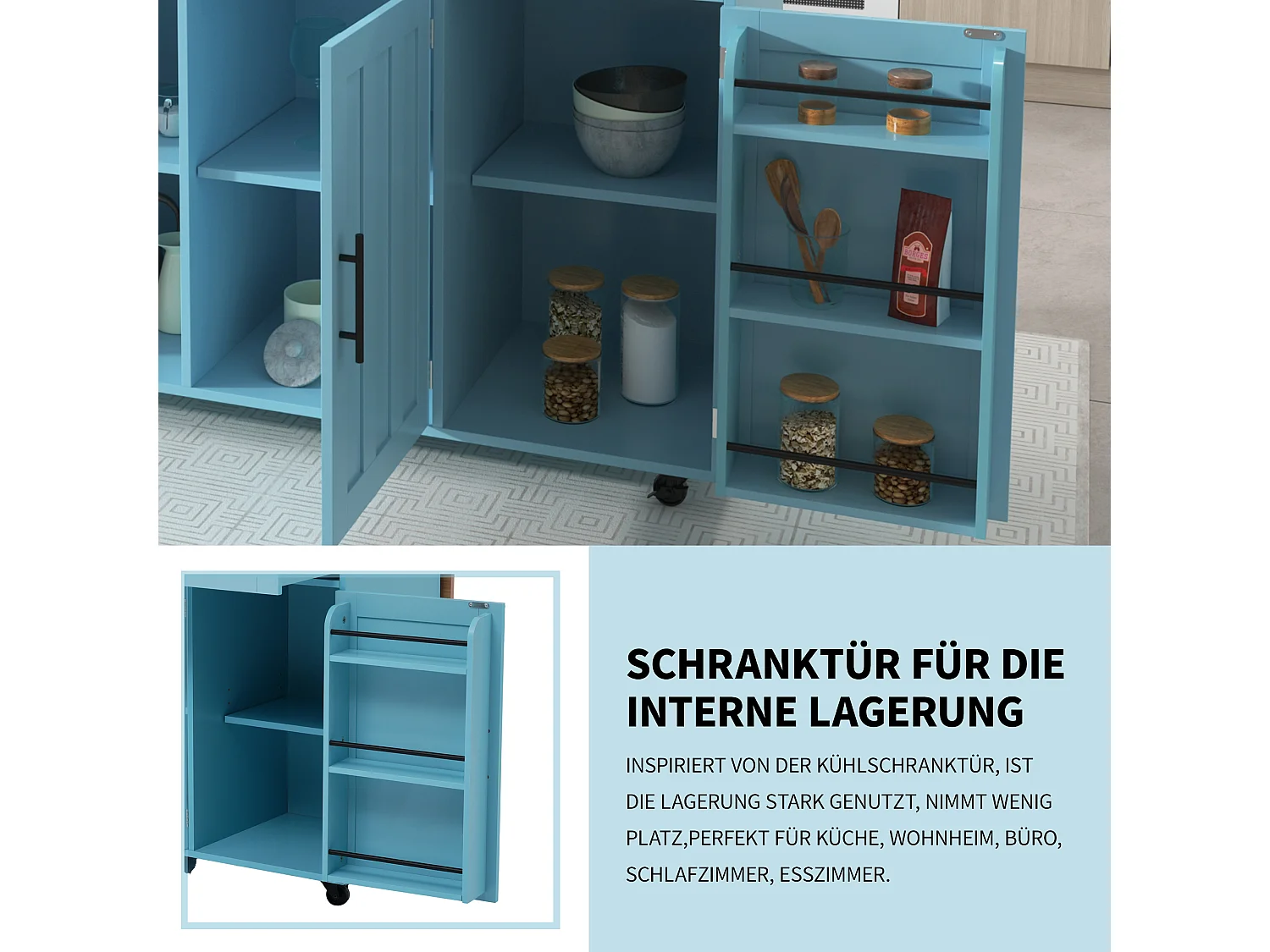 Mobile Kücheninsel mit 3 Türen und 2 Schubladen – 129 x 46/71 x 91,5 cm – MDF – Ausziehbare Arbeitsplatte – Blau