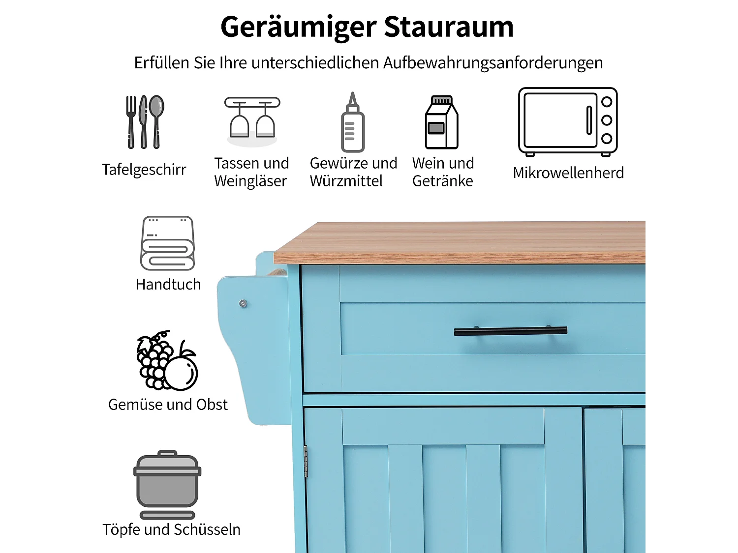 Mobile Kücheninsel mit 3 Türen und 2 Schubladen – 129 x 46/71 x 91,5 cm – MDF – Ausziehbare Arbeitsplatte – Blau