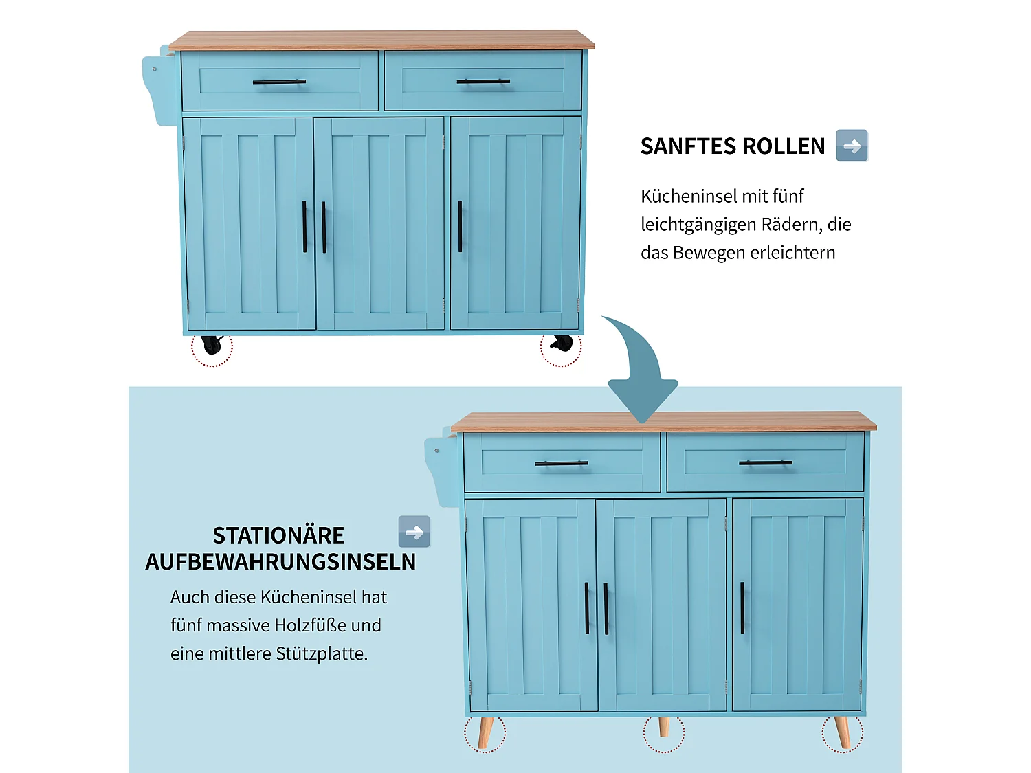 Mobile Kücheninsel mit 3 Türen und 2 Schubladen – 129 x 46/71 x 91,5 cm – MDF – Ausziehbare Arbeitsplatte – Blau