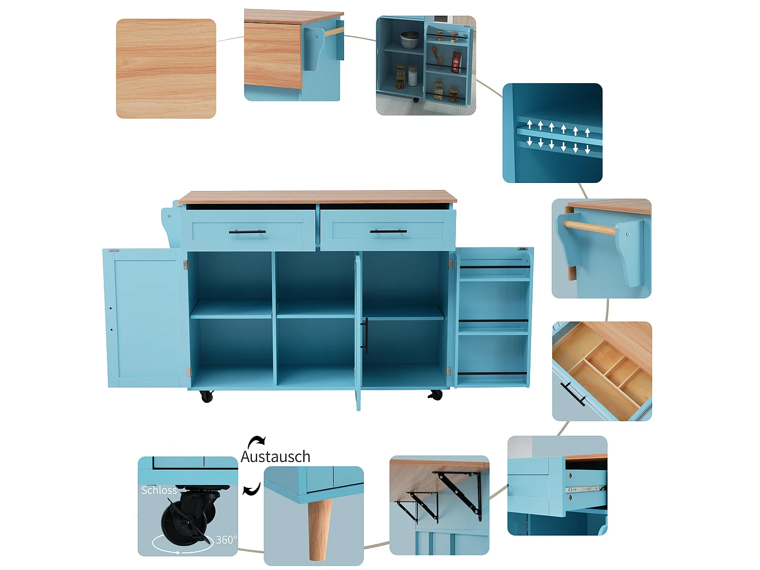 Mobile Kücheninsel mit 3 Türen und 2 Schubladen – 129 x 46/71 x 91,5 cm – MDF – Ausziehbare Arbeitsplatte – Blau