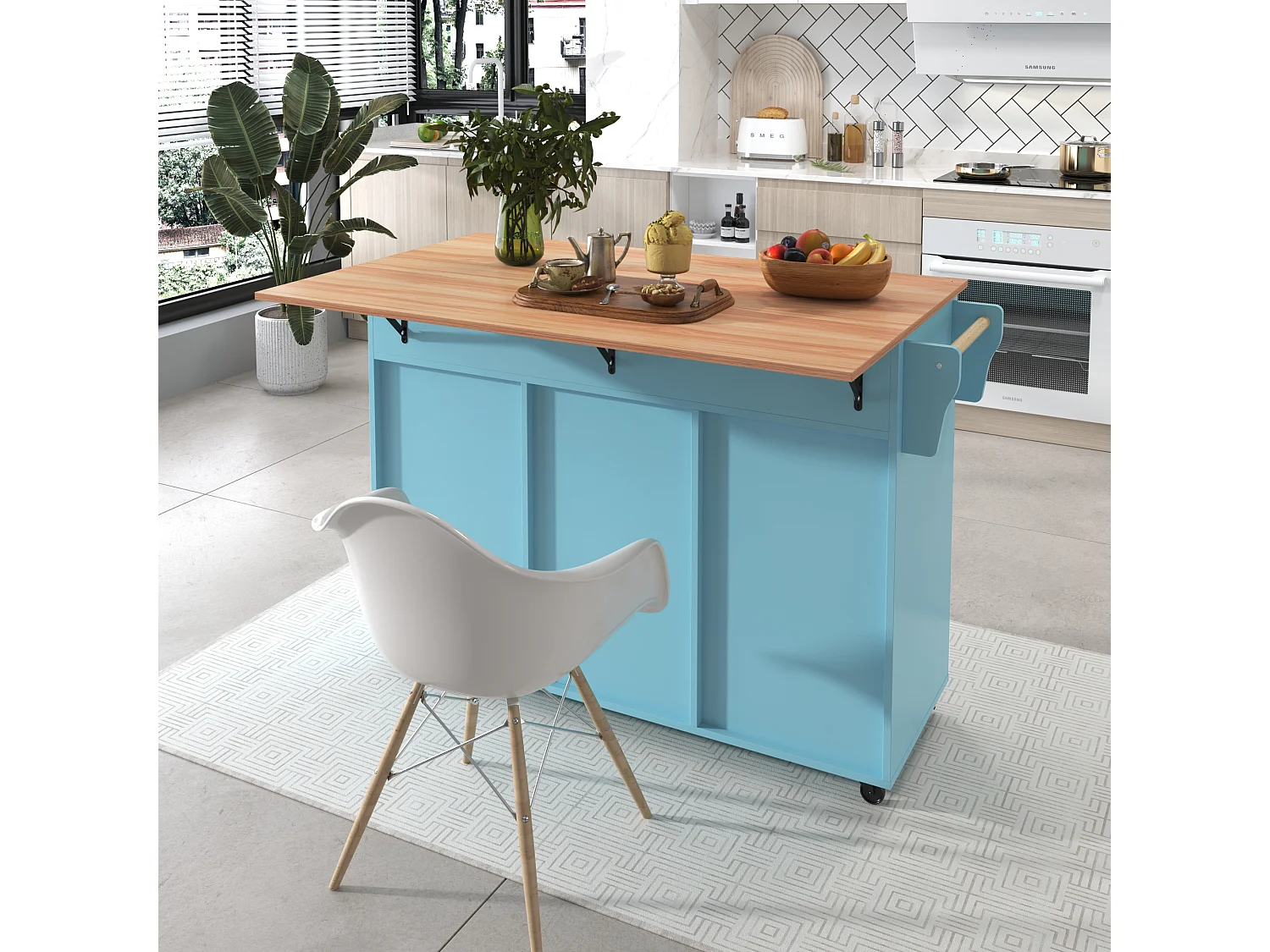 Mobile Kücheninsel mit 3 Türen und 2 Schubladen – 129 x 46/71 x 91,5 cm – MDF – Ausziehbare Arbeitsplatte – Blau