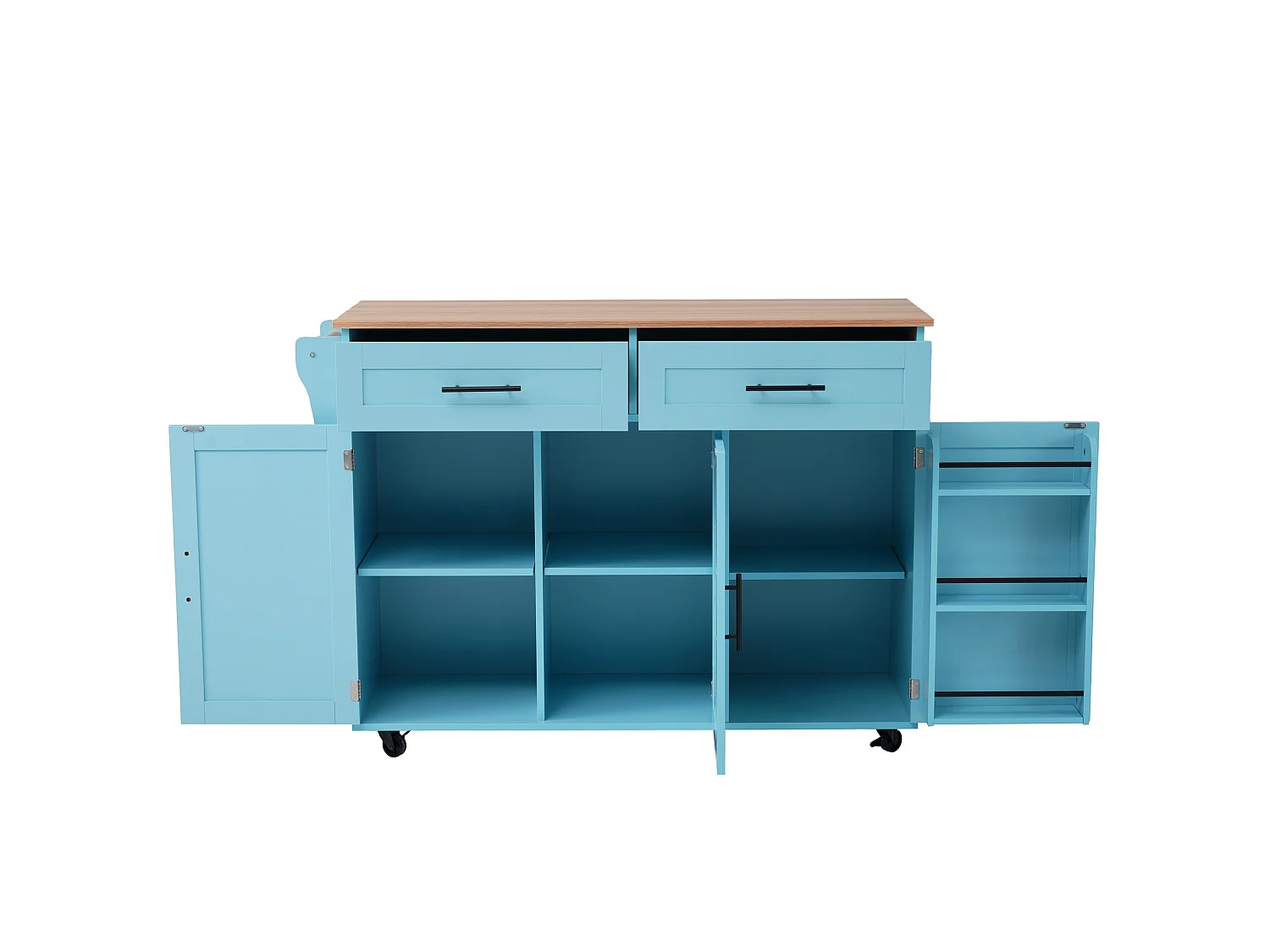 Mobile Kücheninsel mit 3 Türen und 2 Schubladen – 129 x 46/71 x 91,5 cm – MDF – Ausziehbare Arbeitsplatte – Blau