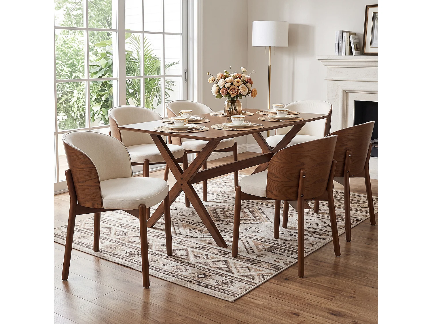 Set di 4 sedie da pranzo senza braccioli - Legno di caucciù, impiallacciatura di frassino e lino - 57 x 49 x 74 cm - Noce