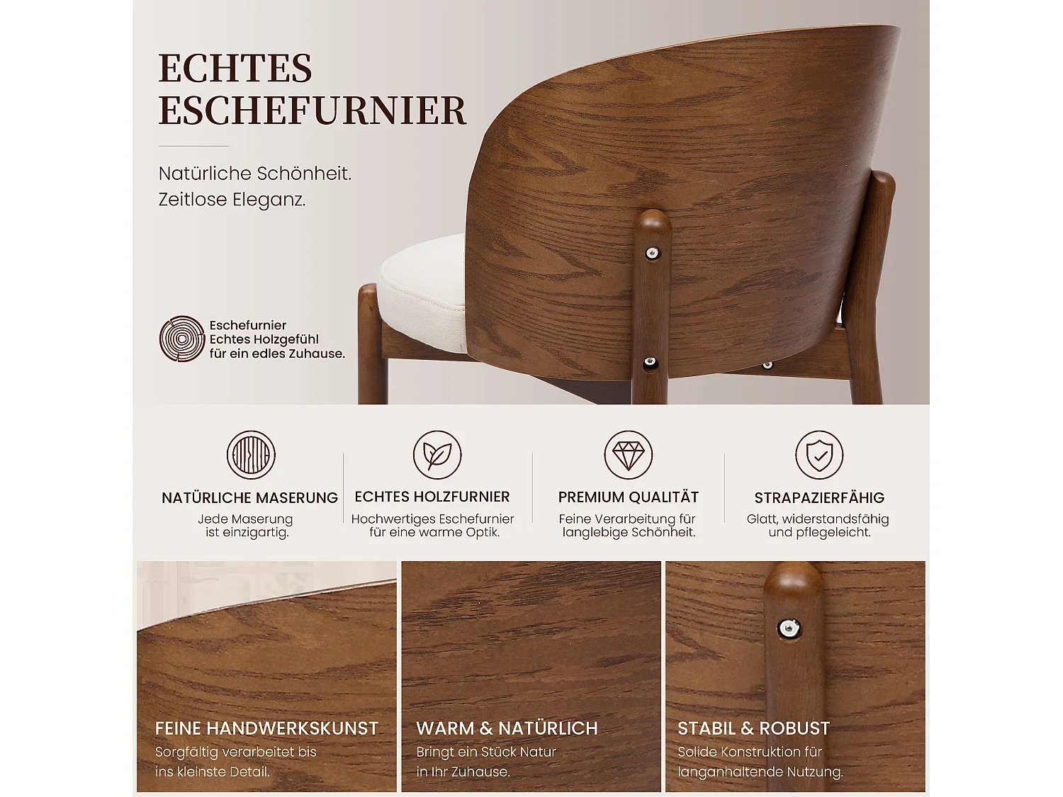 Set di 4 sedie da pranzo senza braccioli - Legno di caucciù, impiallacciatura di frassino e lino - 57 x 49 x 74 cm - Noce