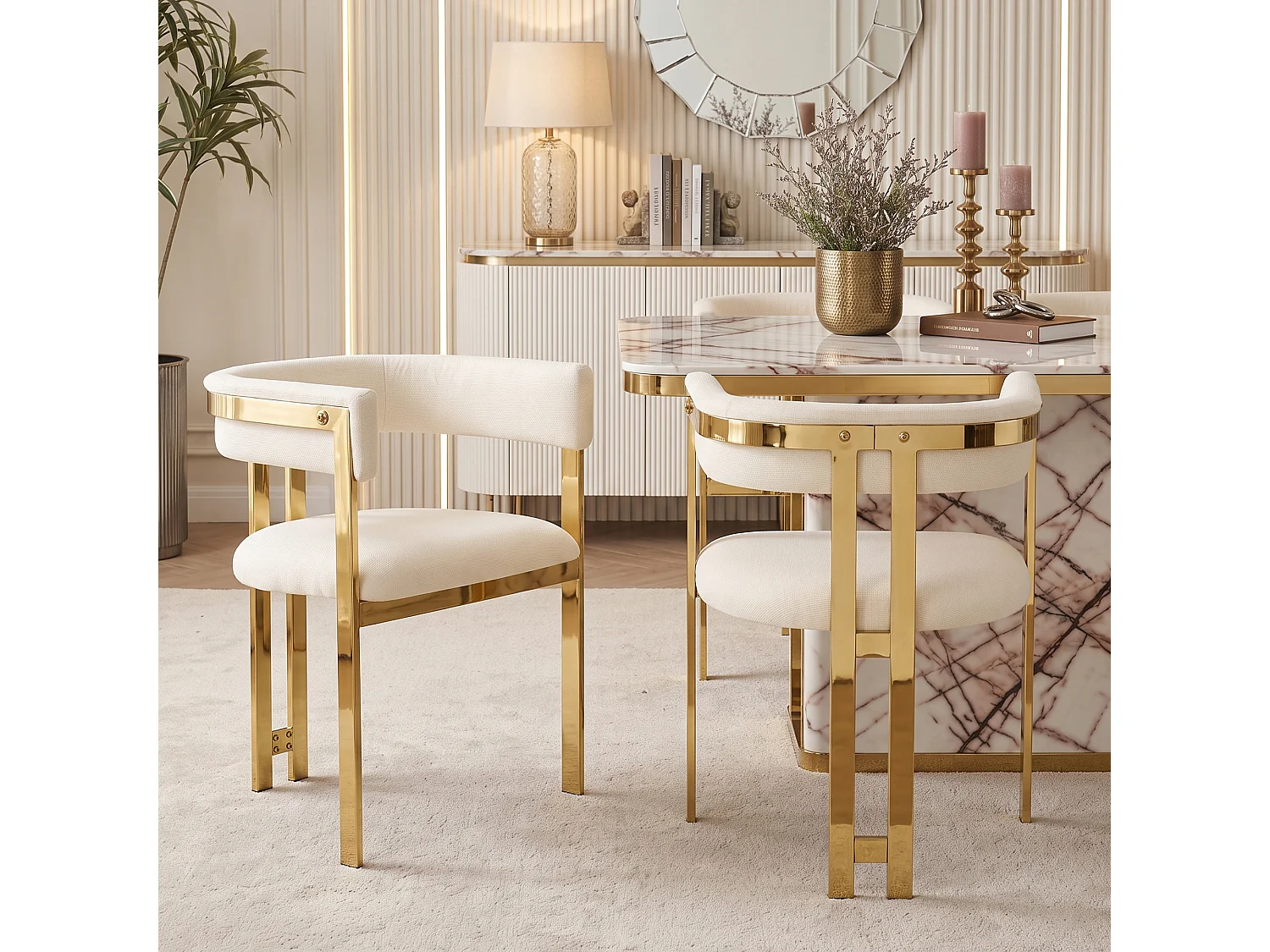 Lot de 6 chaises de salle à manger avec accoudoirs avec dossier en C - Chenille et métal - 60 x 50 x 76 cm - Beige + or