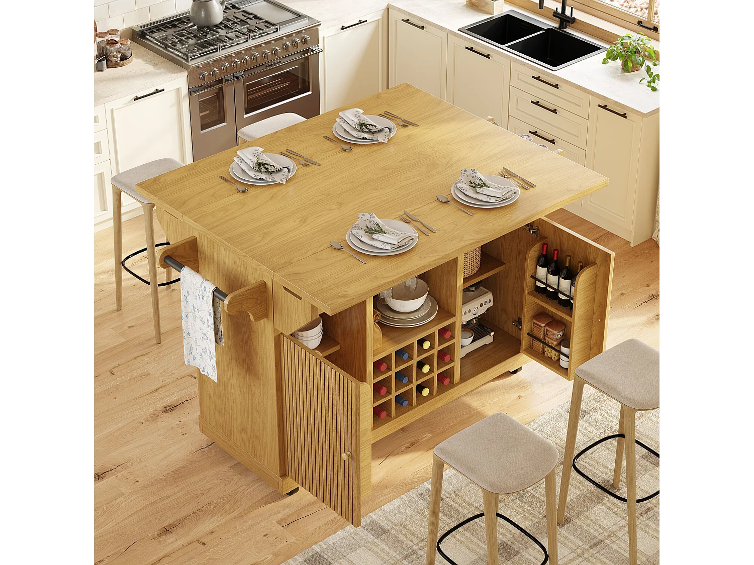Hopfällbar och mobil köksö med 2 dörrar, flaskställ och justerbara hyllor - MDF - 142,5 x 40-80 x 95 cm - Mörkbrun