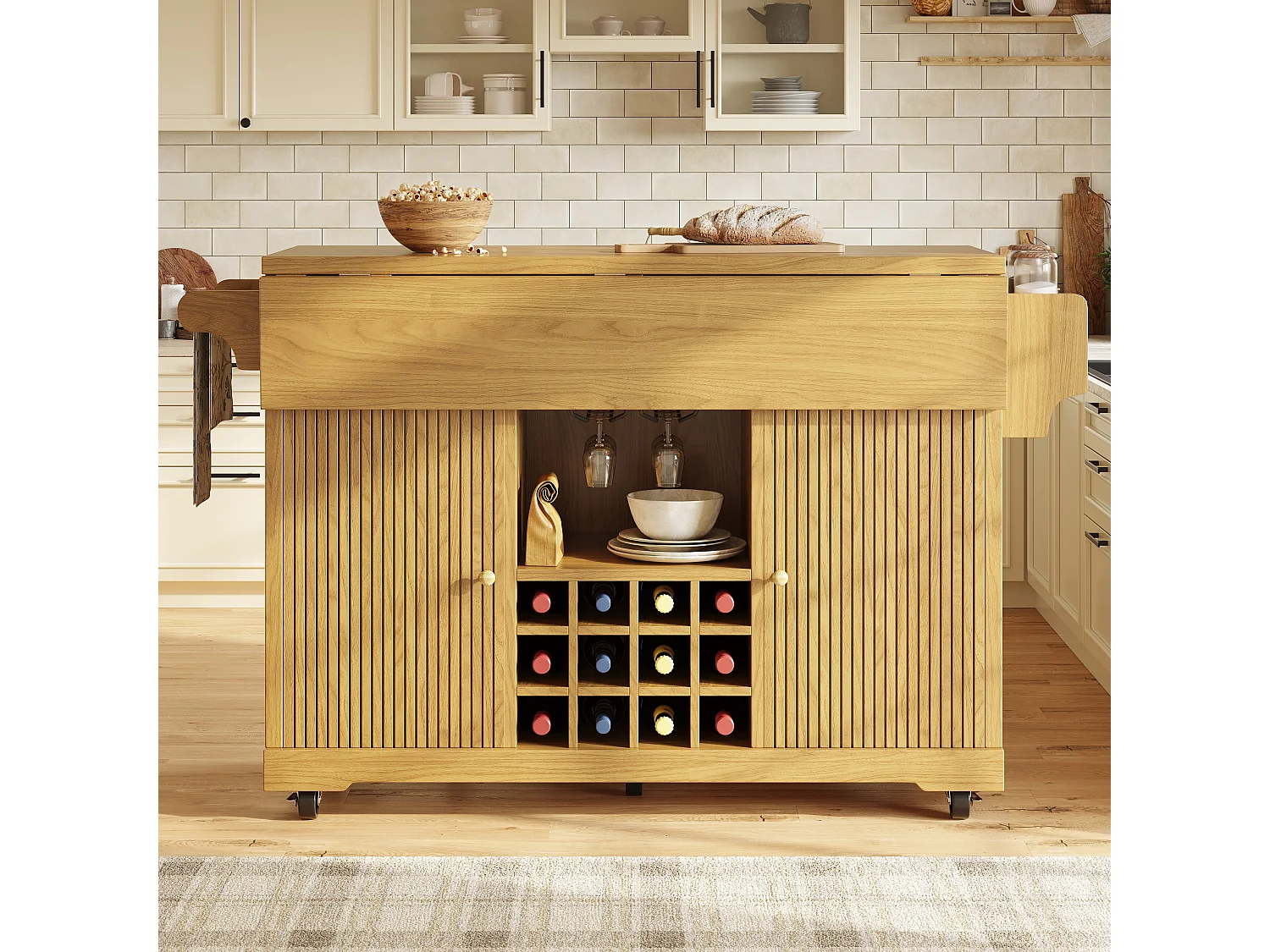 Hopfällbar och mobil köksö med 2 dörrar, flaskställ och justerbara hyllor - MDF - 142,5 x 40-80 x 95 cm - Mörkbrun