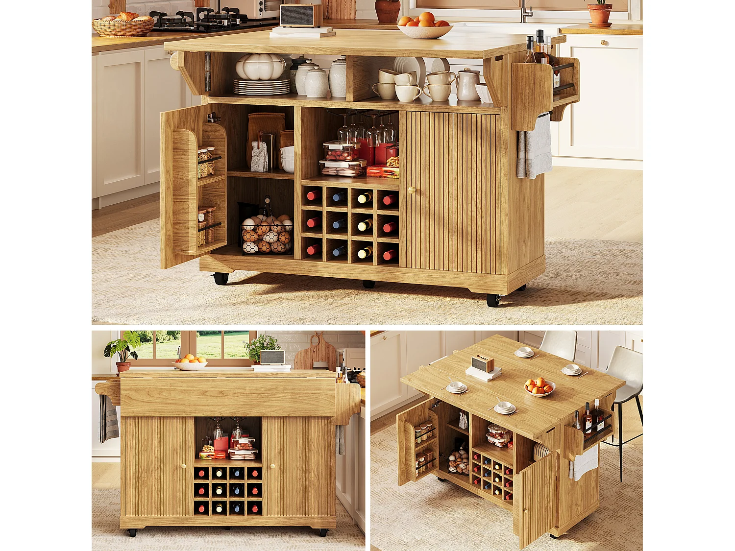 Hopfällbar och mobil köksö med 2 dörrar, flaskställ och justerbara hyllor - MDF - 142,5 x 40-80 x 95 cm - Mörkbrun