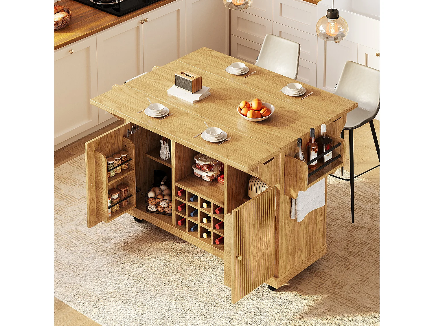 Hopfällbar och mobil köksö med 2 dörrar, flaskställ och justerbara hyllor - MDF - 142,5 x 40-80 x 95 cm - Mörkbrun