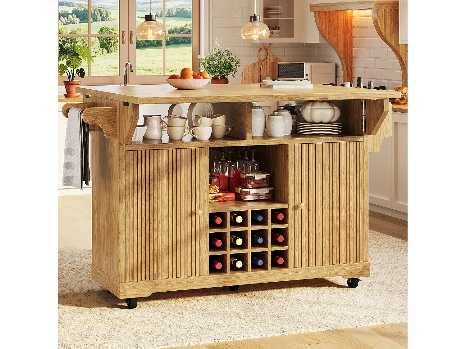 Hopfällbar och mobil köksö med 2 dörrar, flaskställ och justerbara hyllor - MDF - 142,5 x 40-80 x 95 cm - Mörkbrun