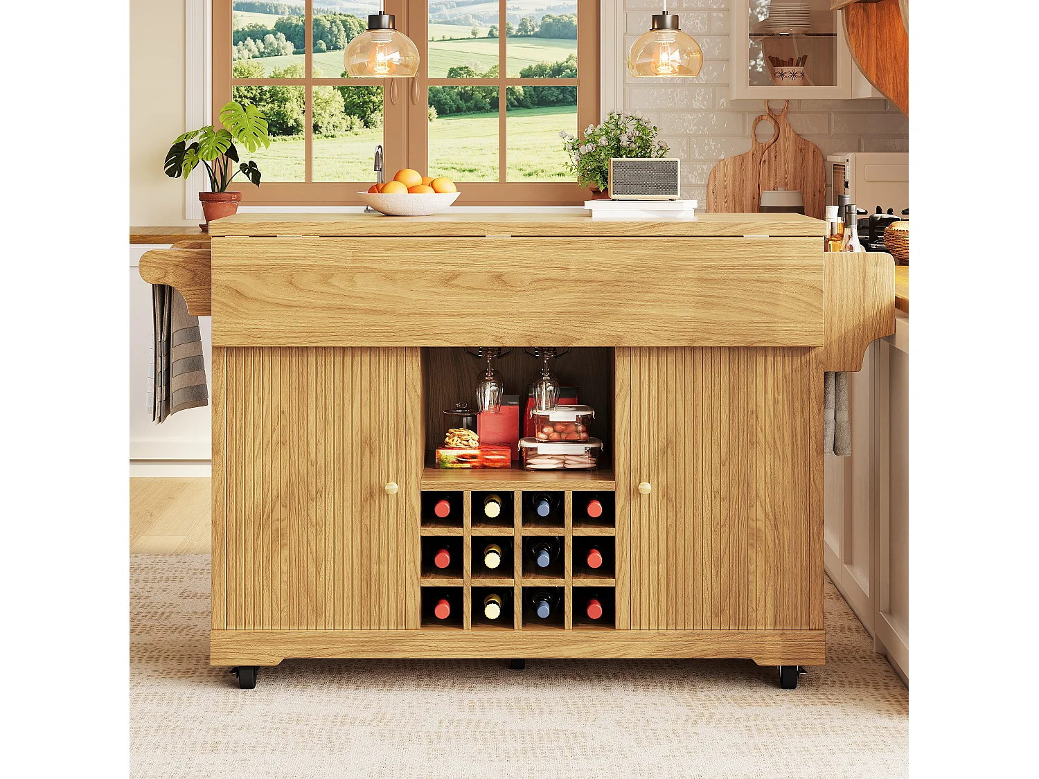 Hopfällbar och mobil köksö med 2 dörrar, flaskställ och justerbara hyllor - MDF - 142,5 x 40-80 x 95 cm - Mörkbrun