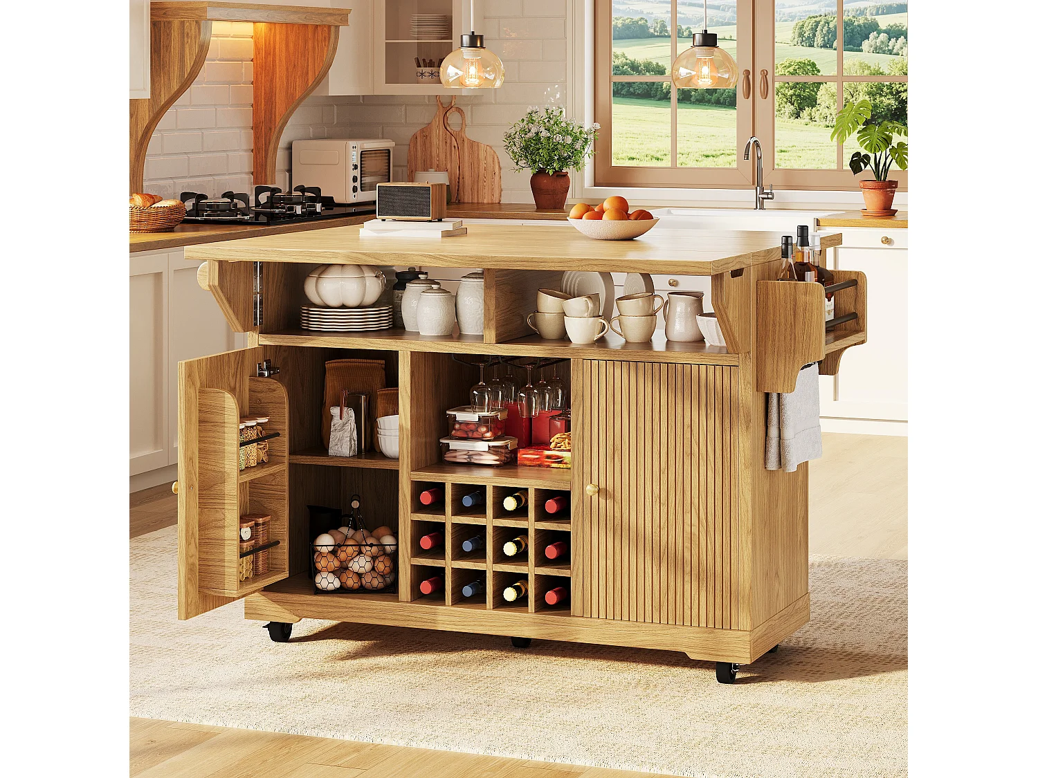 Hopfällbar och mobil köksö med 2 dörrar, flaskställ och justerbara hyllor - MDF - 142,5 x 40-80 x 95 cm - Mörkbrun