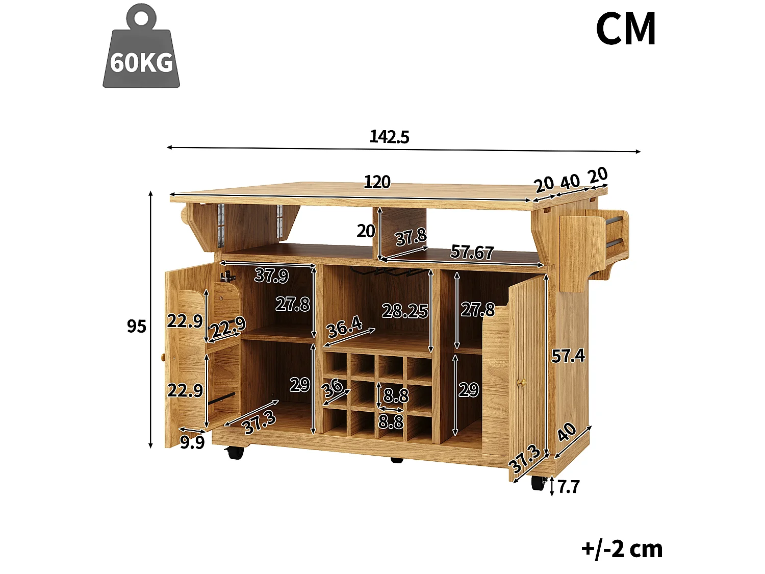 Hopfällbar och mobil köksö med 2 dörrar, flaskställ och justerbara hyllor - MDF - 142,5 x 40-80 x 95 cm - Mörkbrun