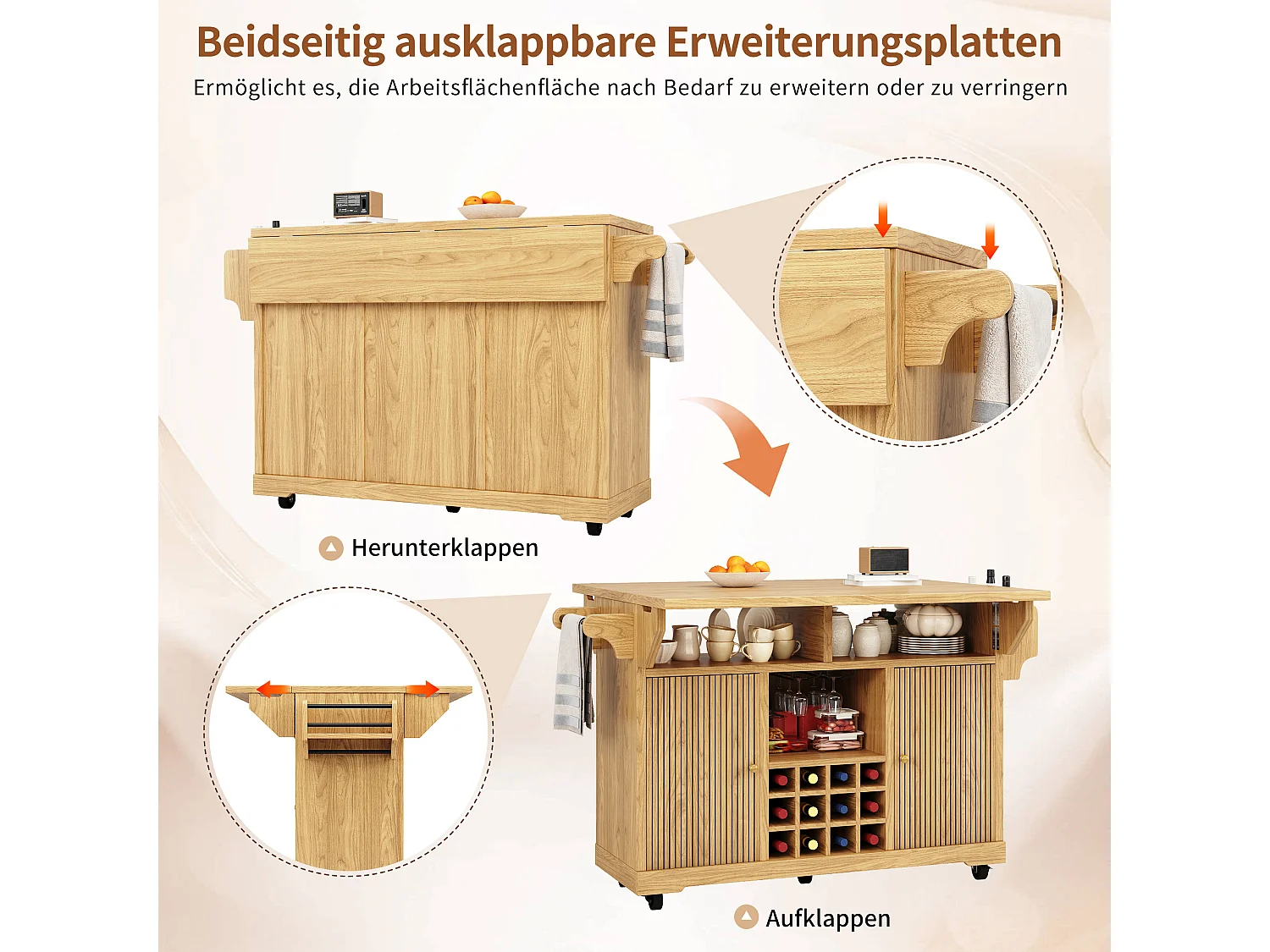 Hopfällbar och mobil köksö med 2 dörrar, flaskställ och justerbara hyllor - MDF - 142,5 x 40-80 x 95 cm - Mörkbrun