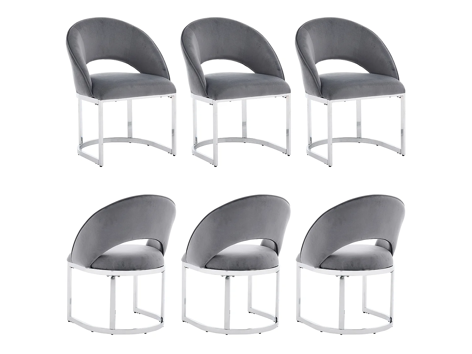 6er-Set Esszimmerstühle mit geschwungener Rückenlehne und Beinen aus verzinktem Metall – Samt – 59 x 56 x 80 cm – Grau + Silber