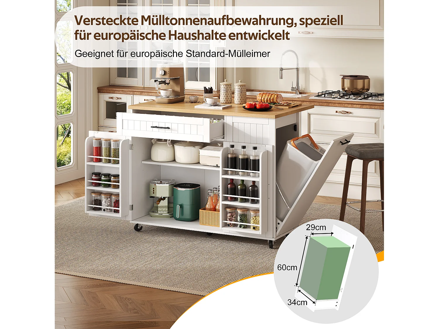 Îlot central de cuisine mobile - Plan de travail pliable, armoire à poubelle, 1 tiroir et 2 portes – 130 x 45 (70) x 93 cm - MDF - Blanc