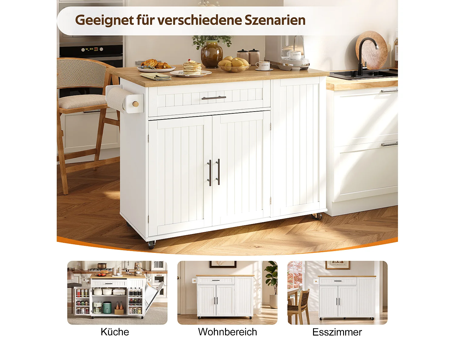 Îlot central de cuisine mobile - Plan de travail pliable, armoire à poubelle, 1 tiroir et 2 portes – 130 x 45 (70) x 93 cm - MDF - Blanc