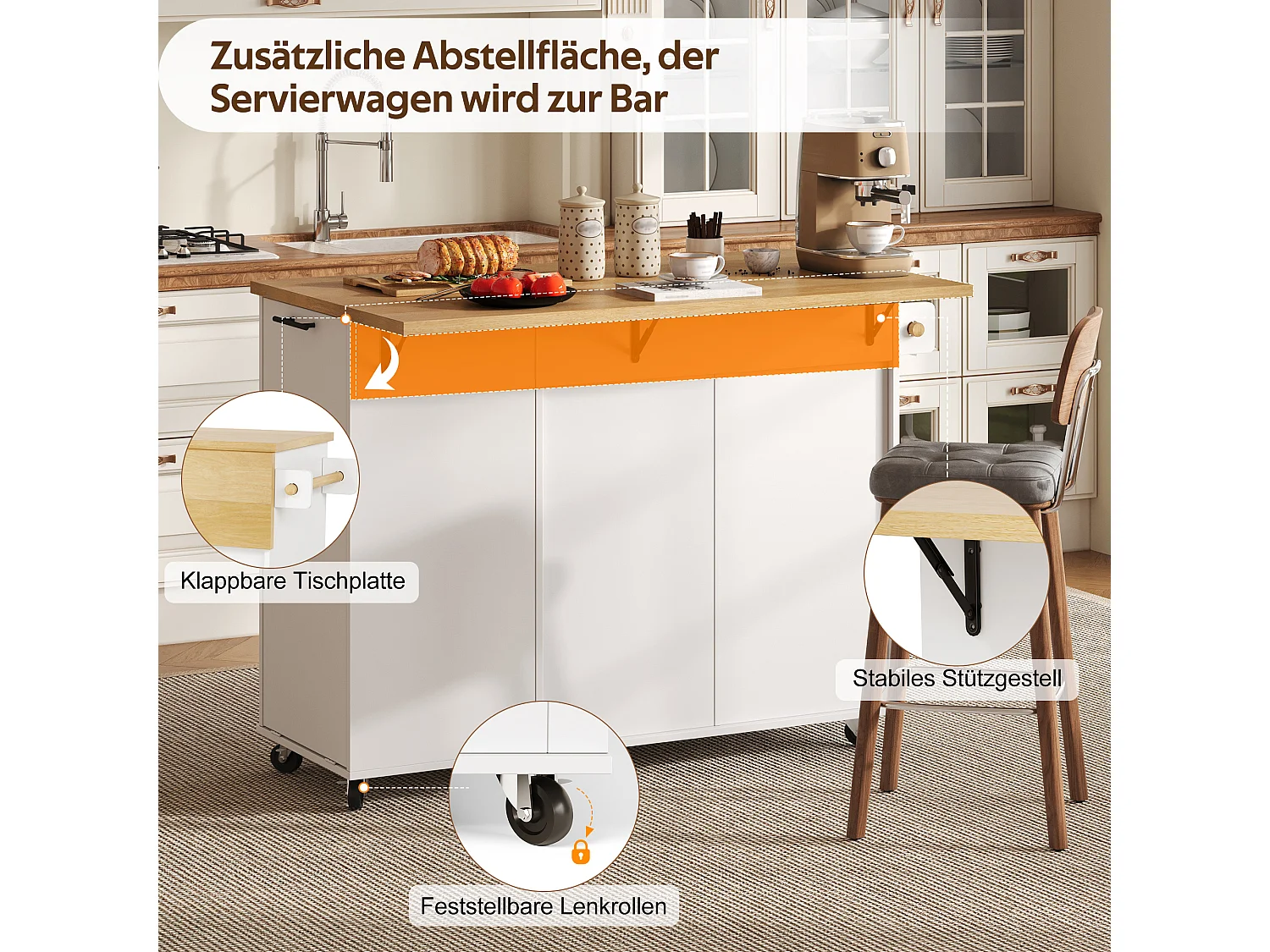 Îlot central de cuisine mobile - Plan de travail pliable, armoire à poubelle, 1 tiroir et 2 portes – 130 x 45 (70) x 93 cm - MDF - Blanc