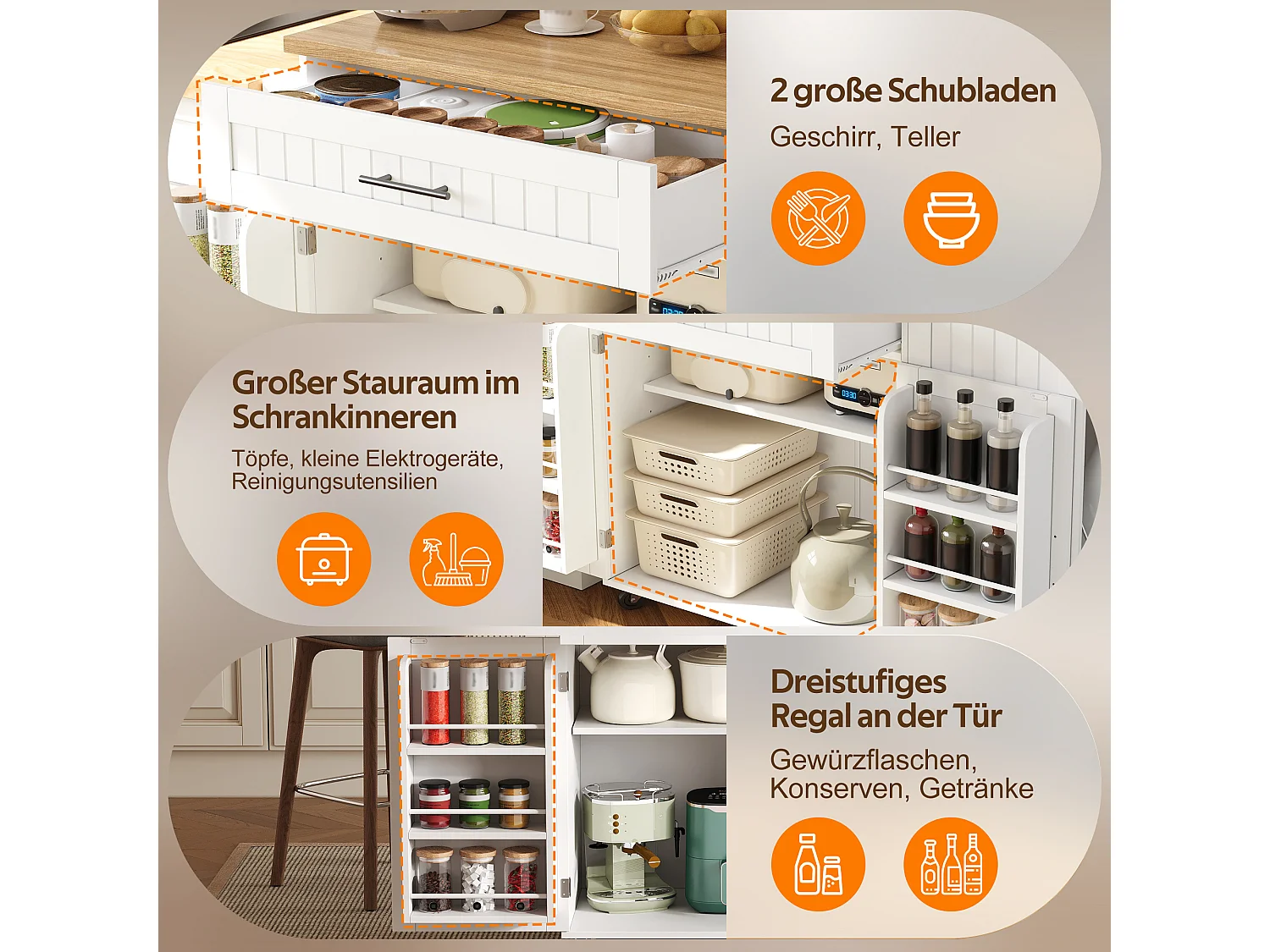 Îlot central de cuisine mobile - Plan de travail pliable, armoire à poubelle, 1 tiroir et 2 portes – 130 x 45 (70) x 93 cm - MDF - Blanc