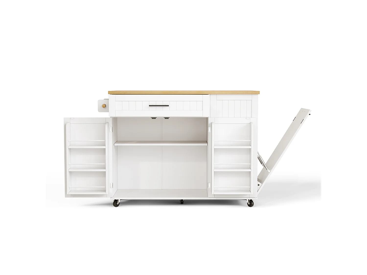 Îlot central de cuisine mobile - Plan de travail pliable, armoire à poubelle, 1 tiroir et 2 portes – 130 x 45 (70) x 93 cm - MDF - Blanc