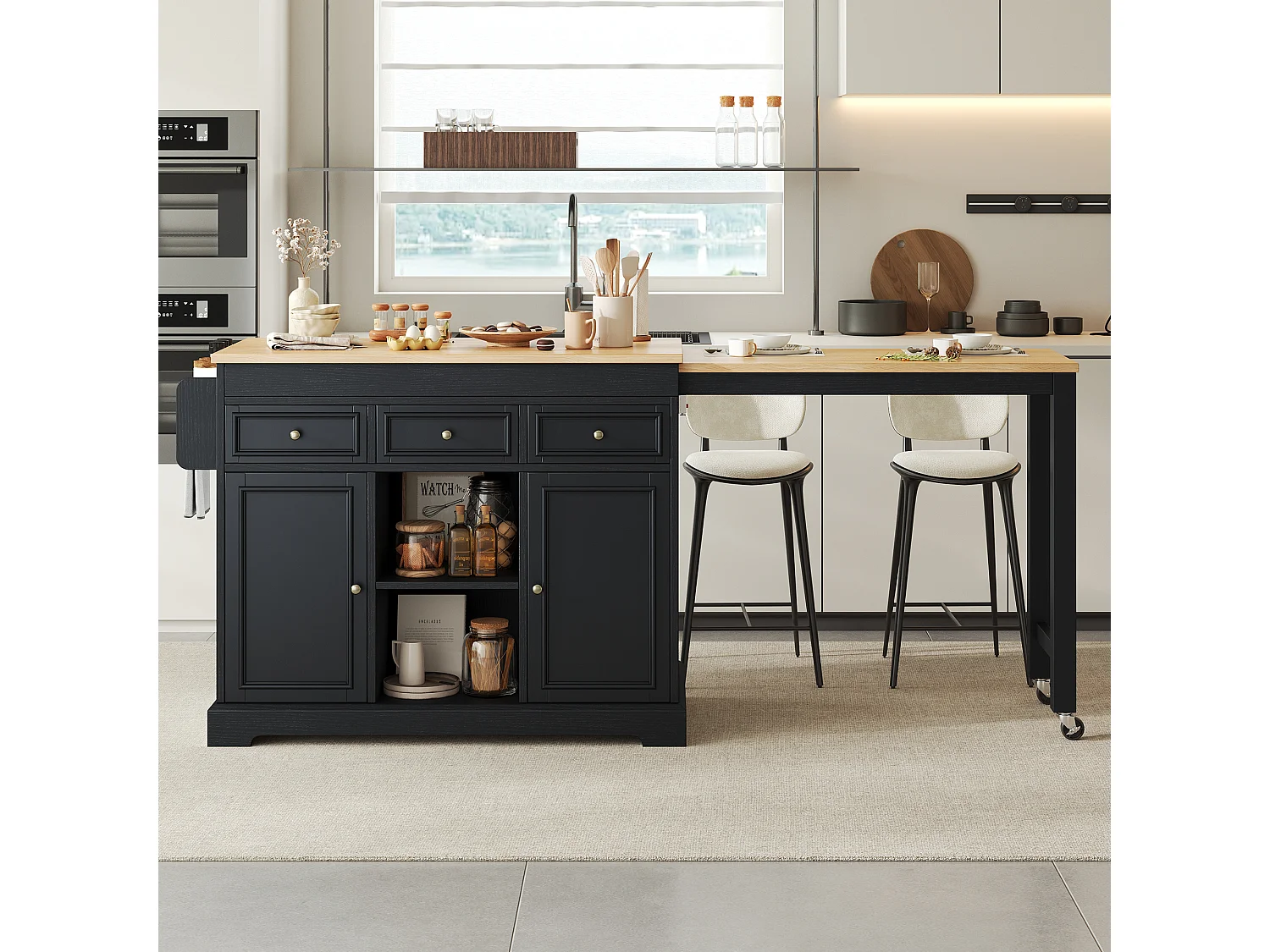 Utdragbar köksö med matplats, kryddhyllor, 2 dörrar och 3 lådor – 112–188 x 45 x 92 cm – MDF – Svart