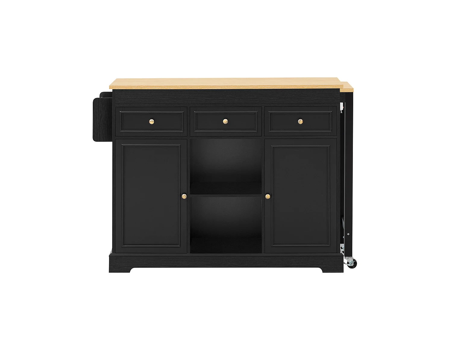 Utdragbar köksö med matplats, kryddhyllor, 2 dörrar och 3 lådor – 112–188 x 45 x 92 cm – MDF – Svart