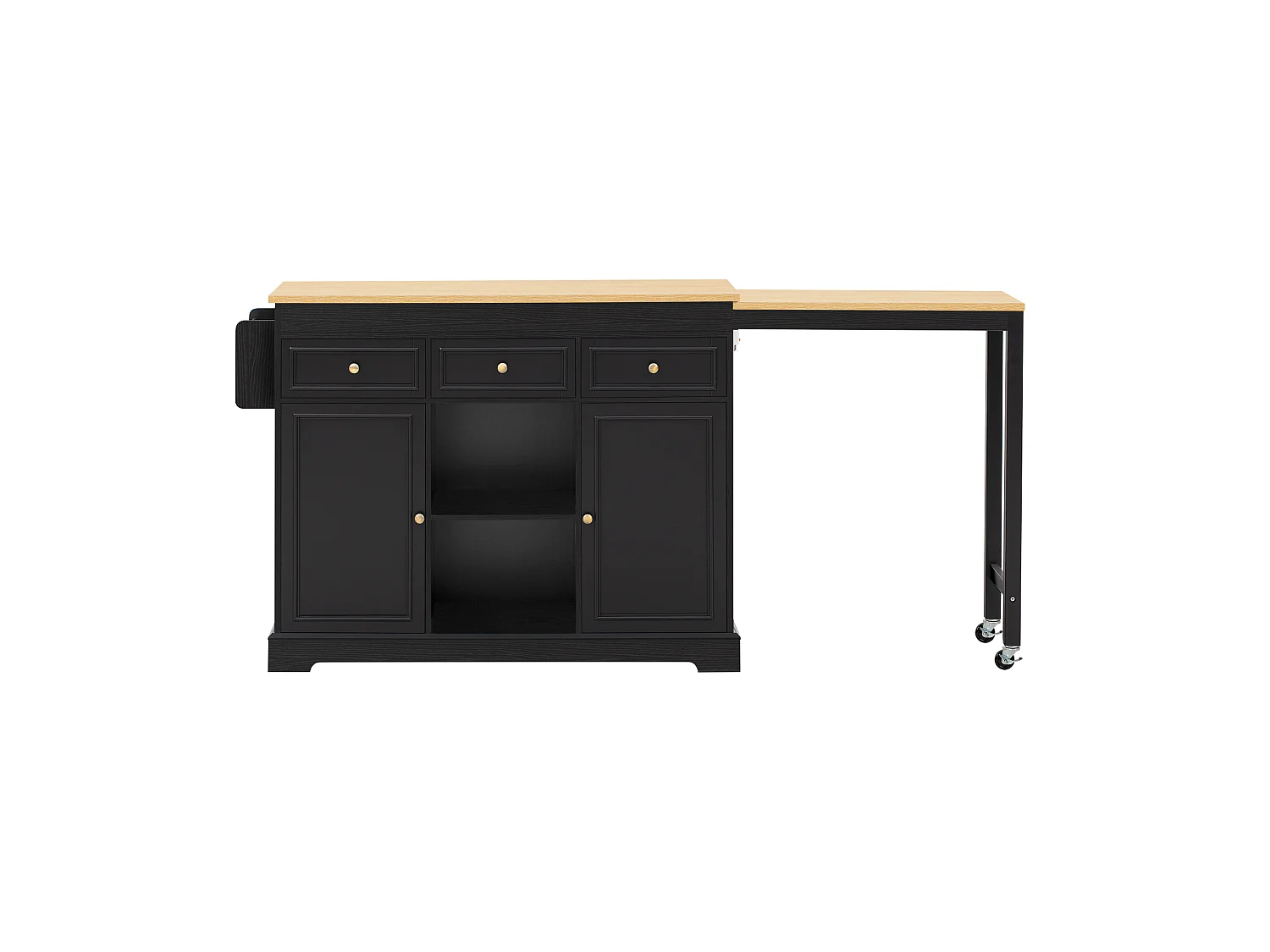 Utdragbar köksö med matplats, kryddhyllor, 2 dörrar och 3 lådor – 112–188 x 45 x 92 cm – MDF – Svart