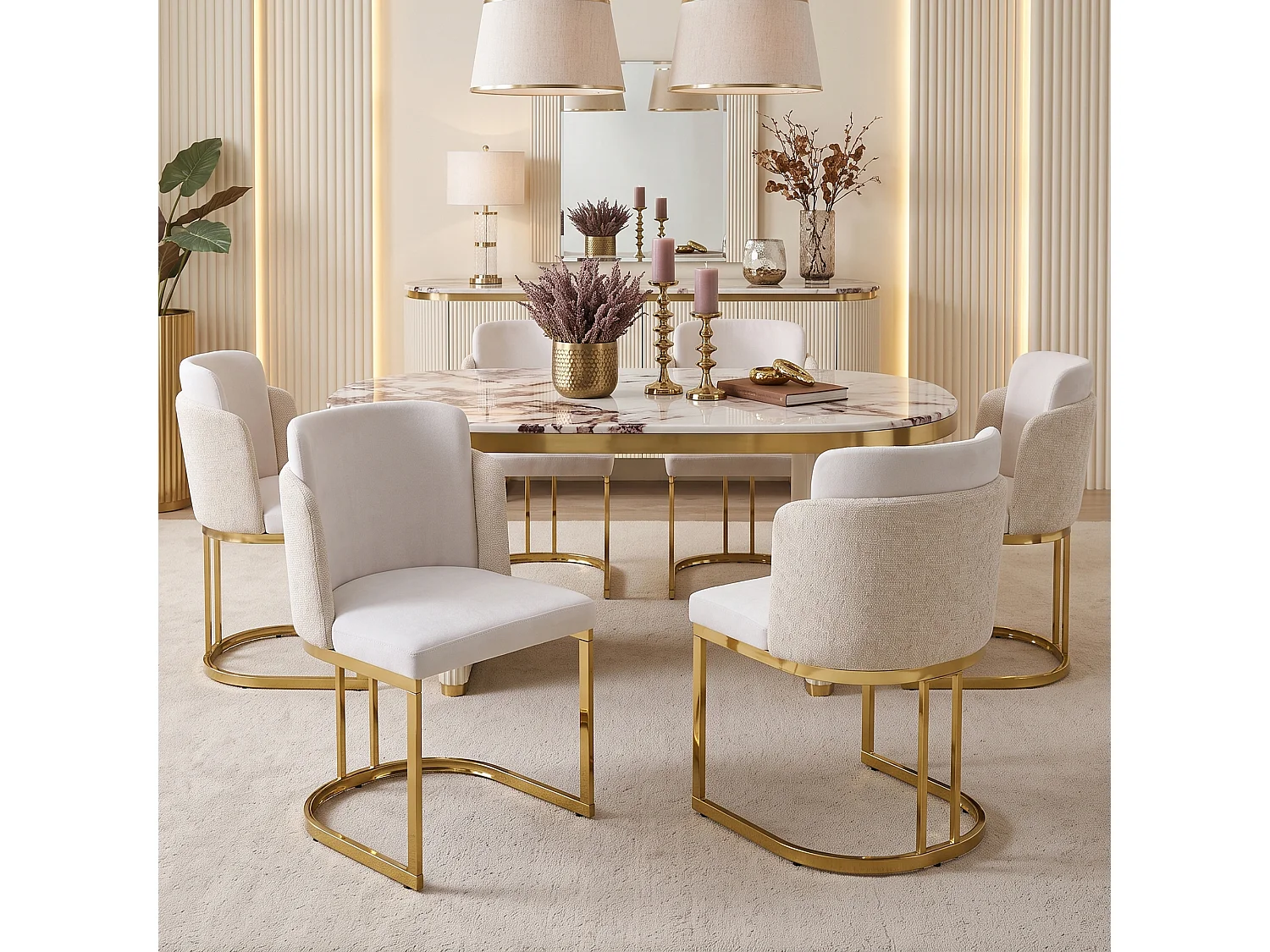 Lot de 4 chaises de salle à manger sans accoudoirs avec pieds en métal galvanisé - Chenille et métal - 61,5 x 53,5 x 86 cm - Beige + or