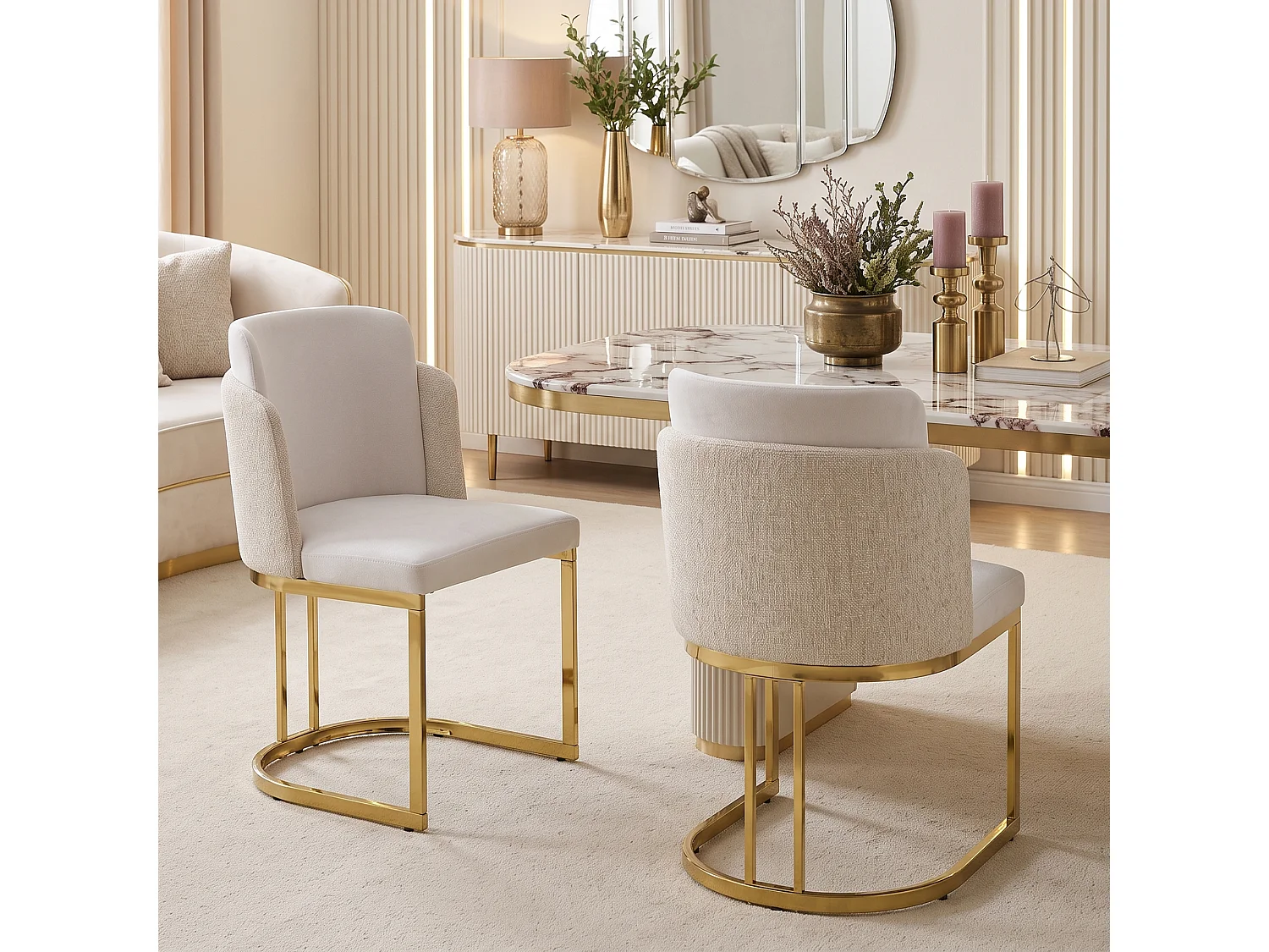 Lot de 4 chaises de salle à manger sans accoudoirs avec pieds en métal galvanisé - Chenille et métal - 61,5 x 53,5 x 86 cm - Beige + or