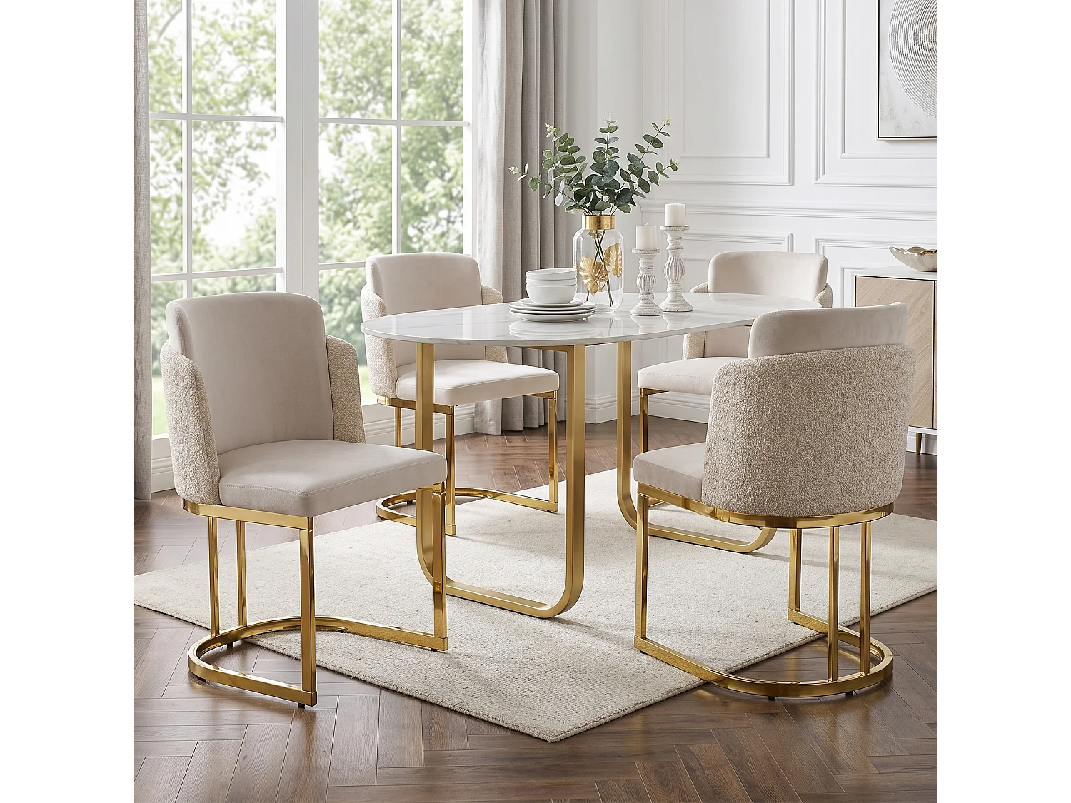 Lot de 4 chaises de salle à manger sans accoudoirs avec pieds en métal galvanisé - Chenille et métal - 61,5 x 53,5 x 86 cm - Beige + or