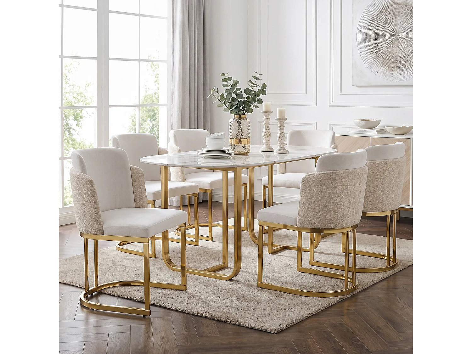 Lot de 4 chaises de salle à manger sans accoudoirs avec pieds en métal galvanisé - Chenille et métal - 61,5 x 53,5 x 86 cm - Beige + or