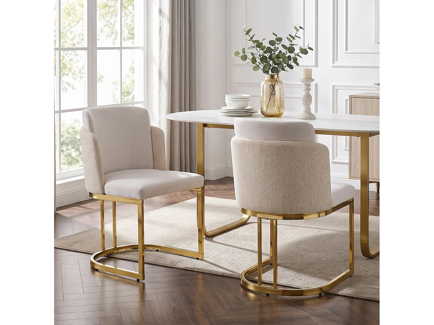 Lot de 4 chaises de salle à manger sans accoudoirs avec pieds en métal galvanisé - Chenille et métal - 61,5 x 53,5 x 86 cm - Beige + or
