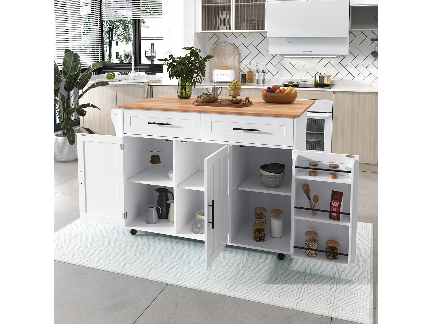 Îlot central de cuisine mobile avec 3 portes et 2 tiroirs - 129 x 46/71 x 91,5 cm - MDF - Plateau extensible - Blanc
