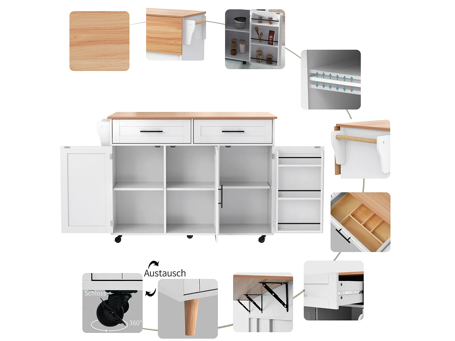 Îlot central de cuisine mobile avec 3 portes et 2 tiroirs - 129 x 46/71 x 91,5 cm - MDF - Plateau extensible - Blanc